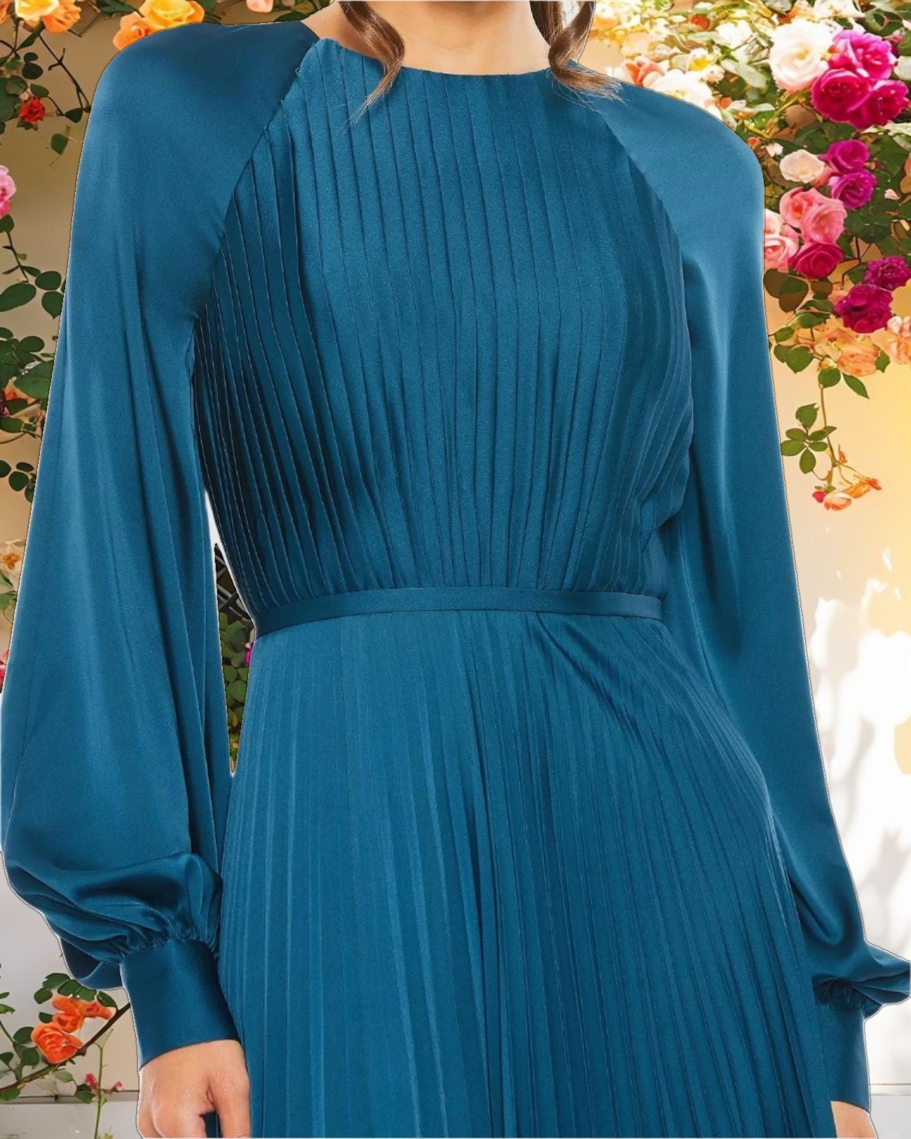 Blue Pleated High Neck Raglan Long Sleeve Side Slit Gown