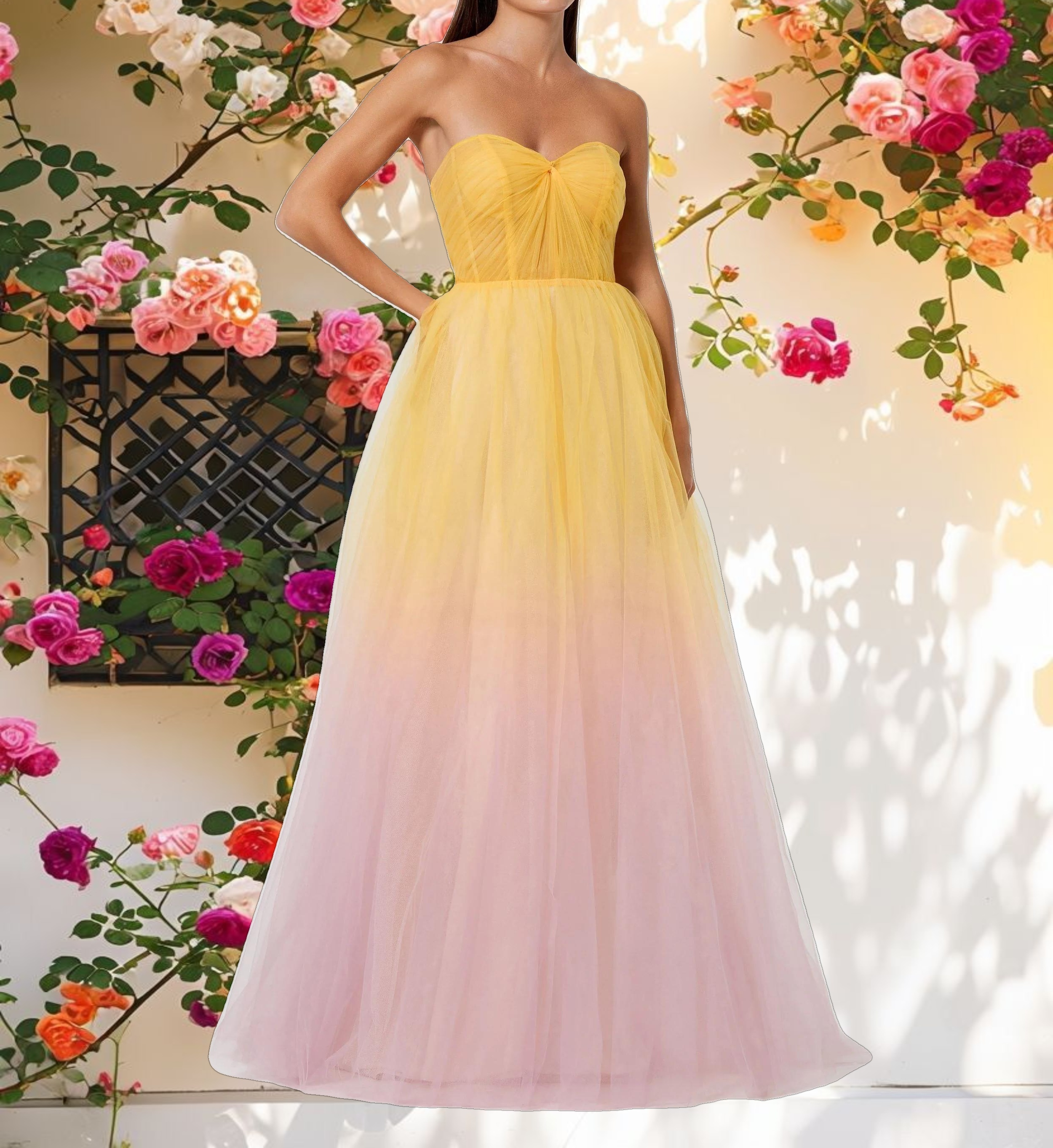 Multicolored Strapless Heart Ombre Tulle Evening Dress