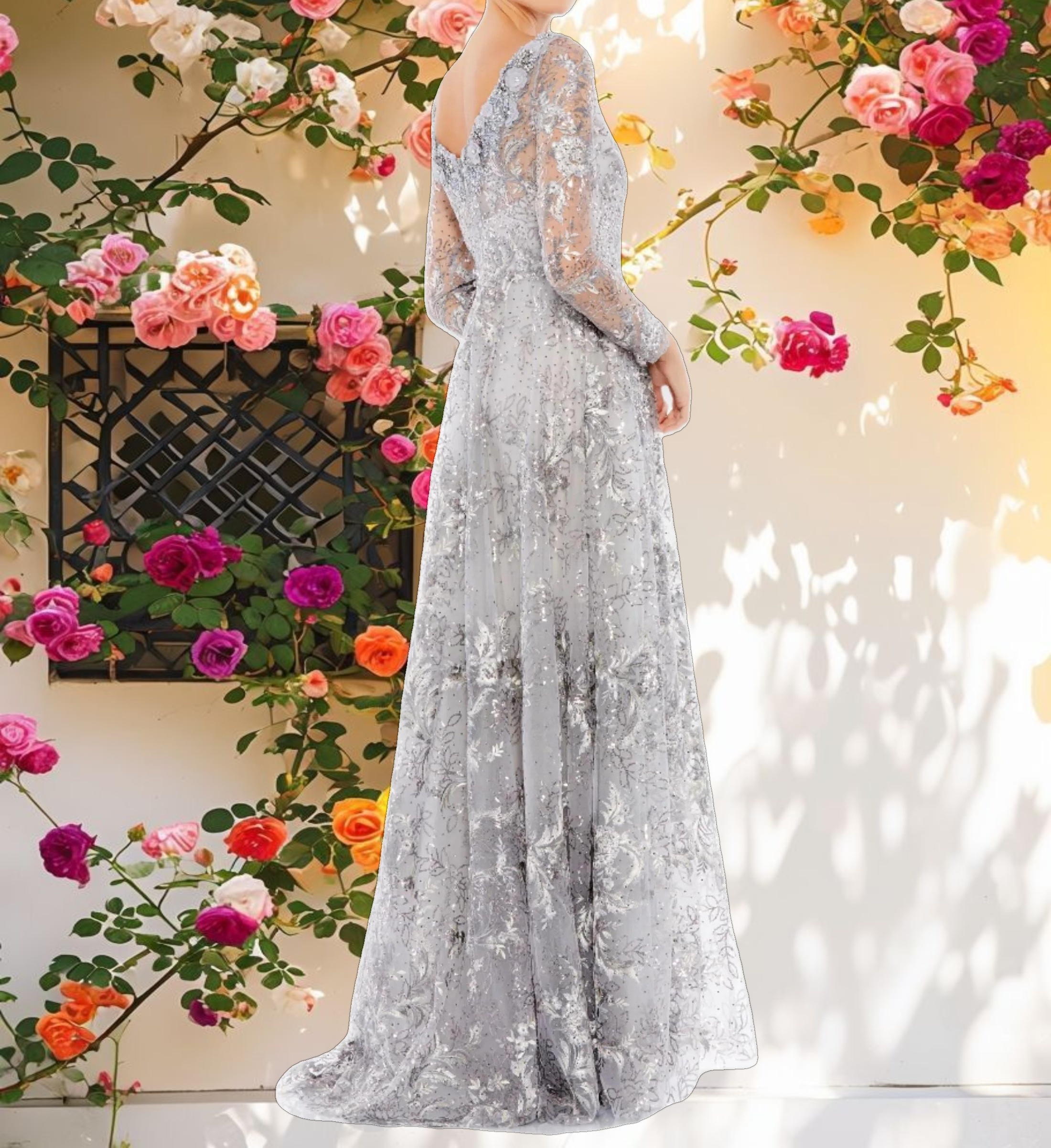 Gray Floral Embroidered Illusion Long Sleeve Gown