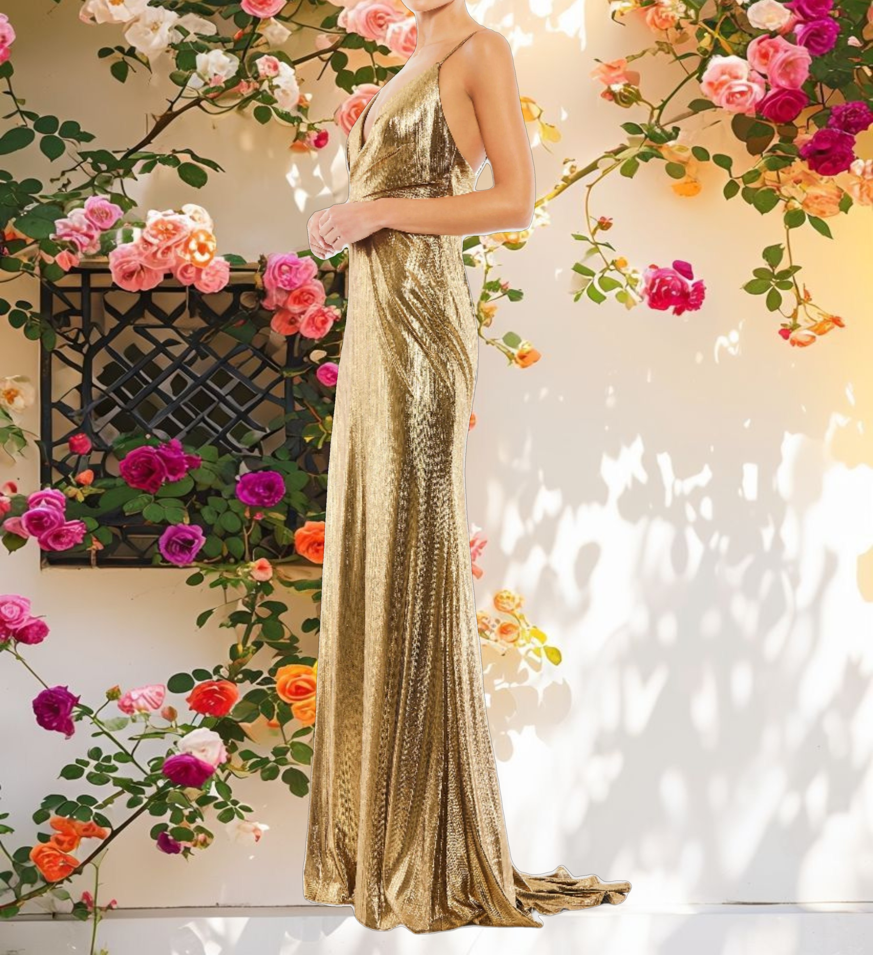 Gold Metallic Faux Wrap Spaghetti Strap Gown