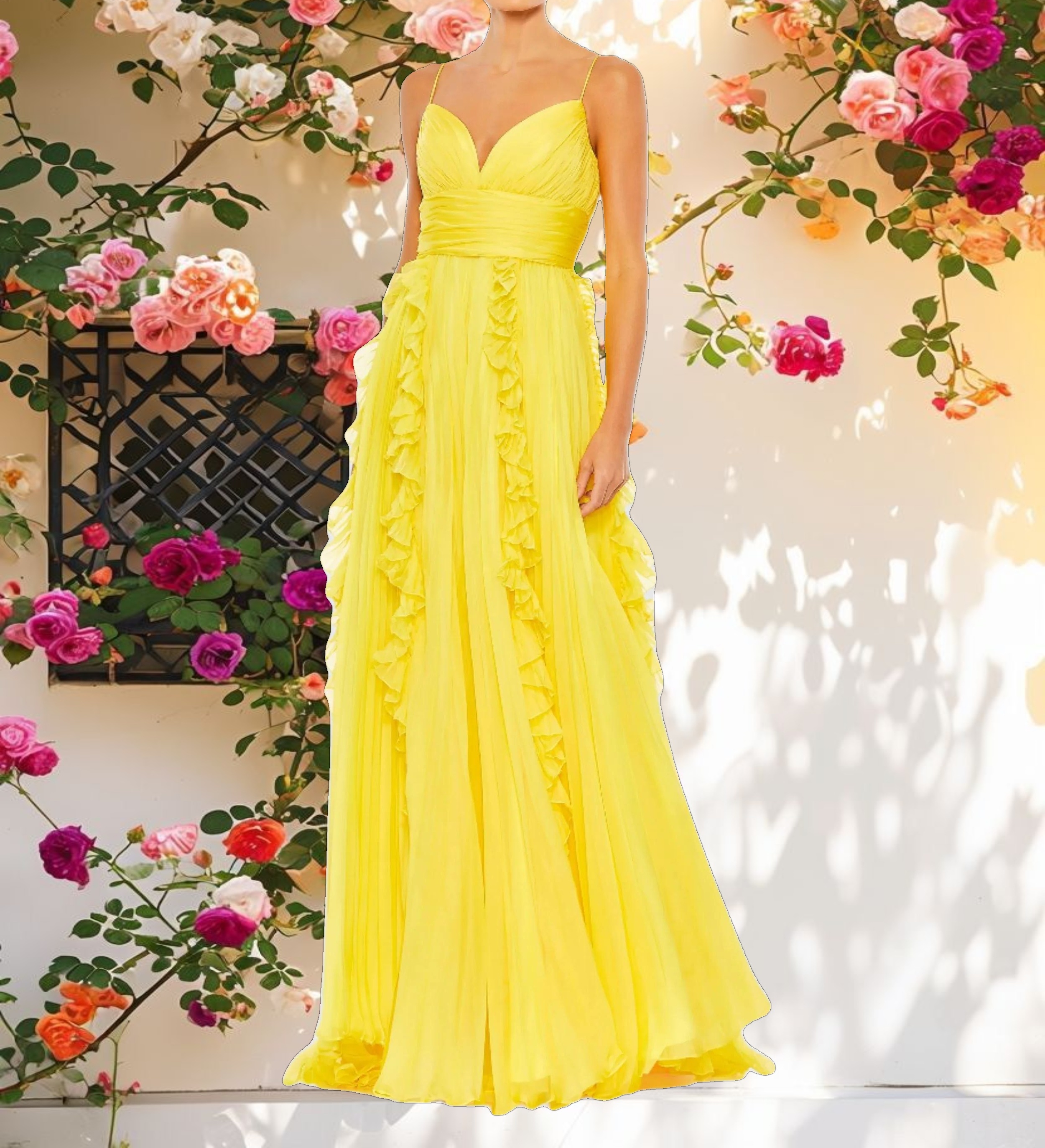 Yellow Pleated Sleeveless Flowy Gown