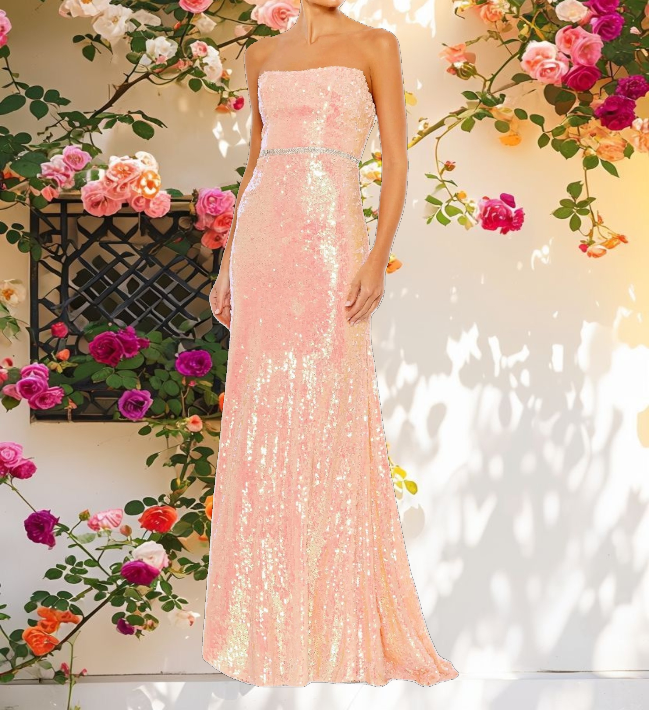 Sequined Strapless Rhinestone Belt Gown