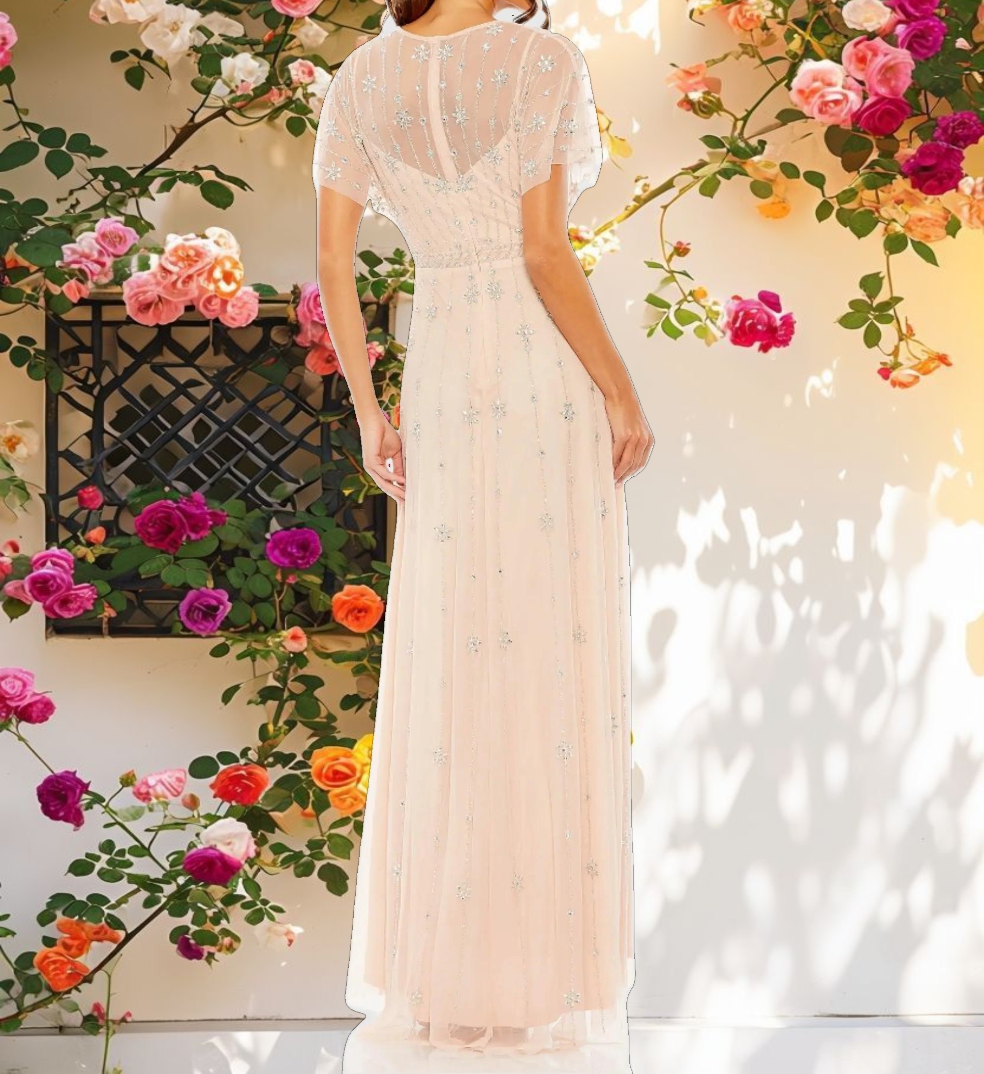 Pink V Neck Embellished Flutter Sleeve A Line Gown