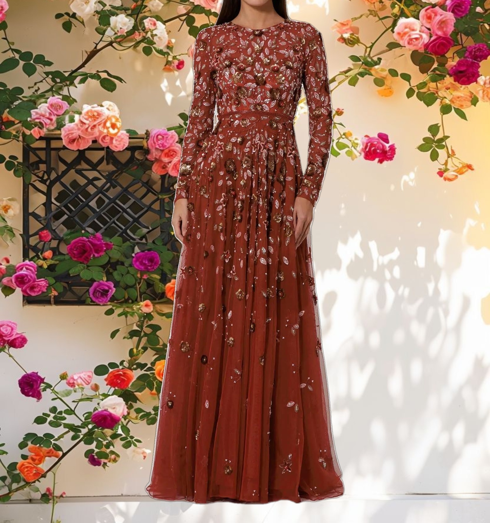 Embellished High Neck Long Sleeve A Line Gown