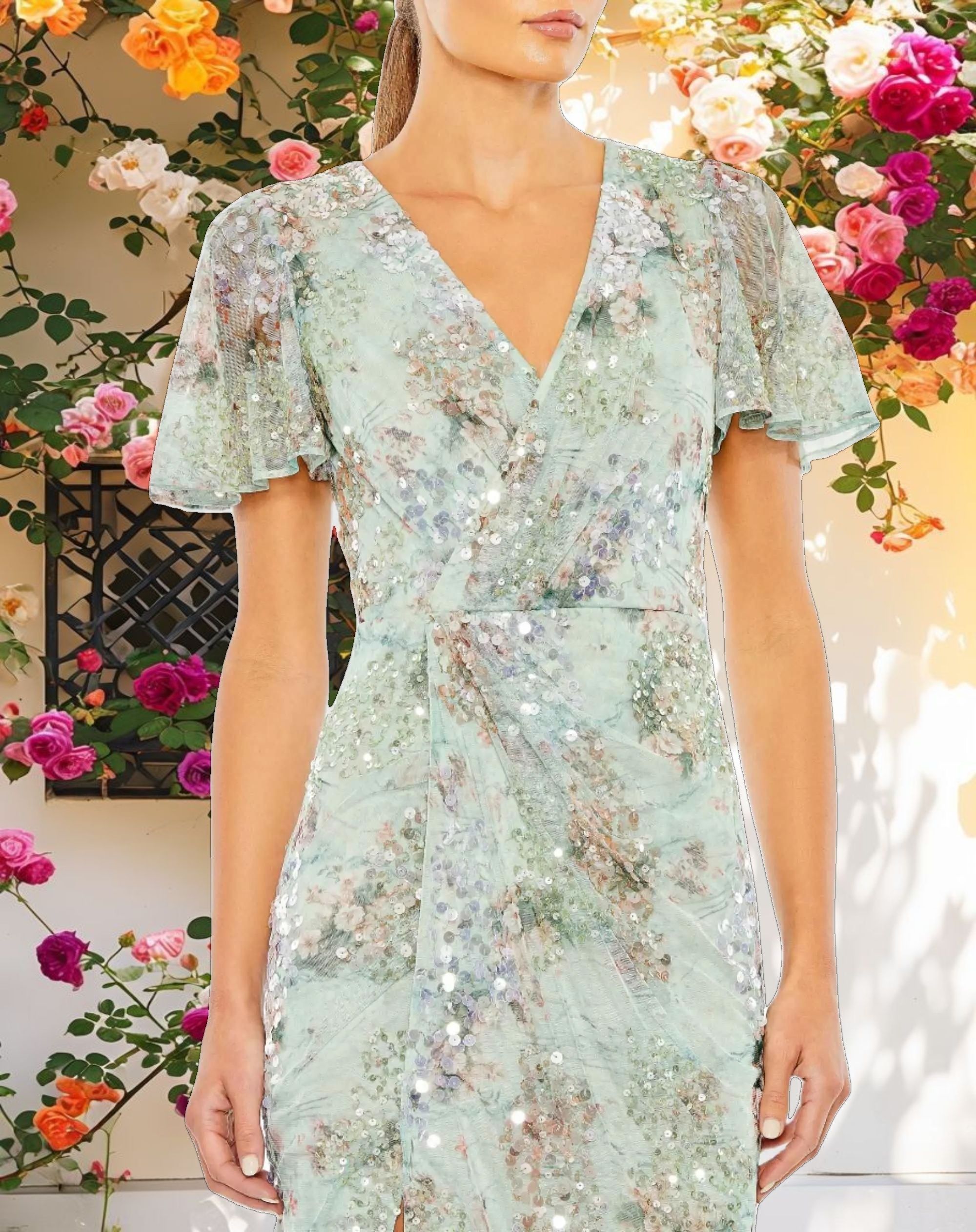 Stitched Butterfly Sleeve Imitation Wrap Dress