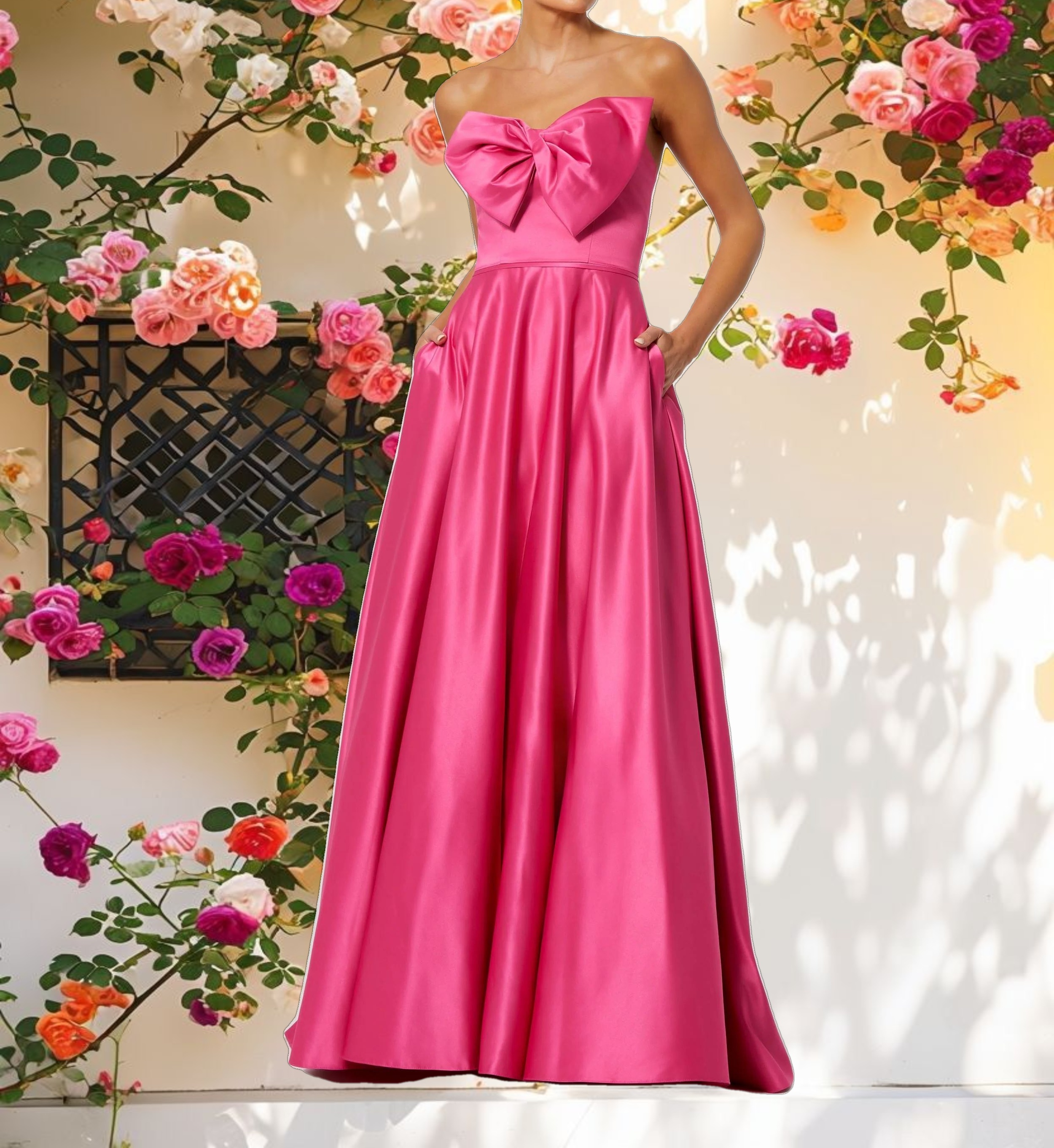 Pink Strapless A Line Bow Ballgown
