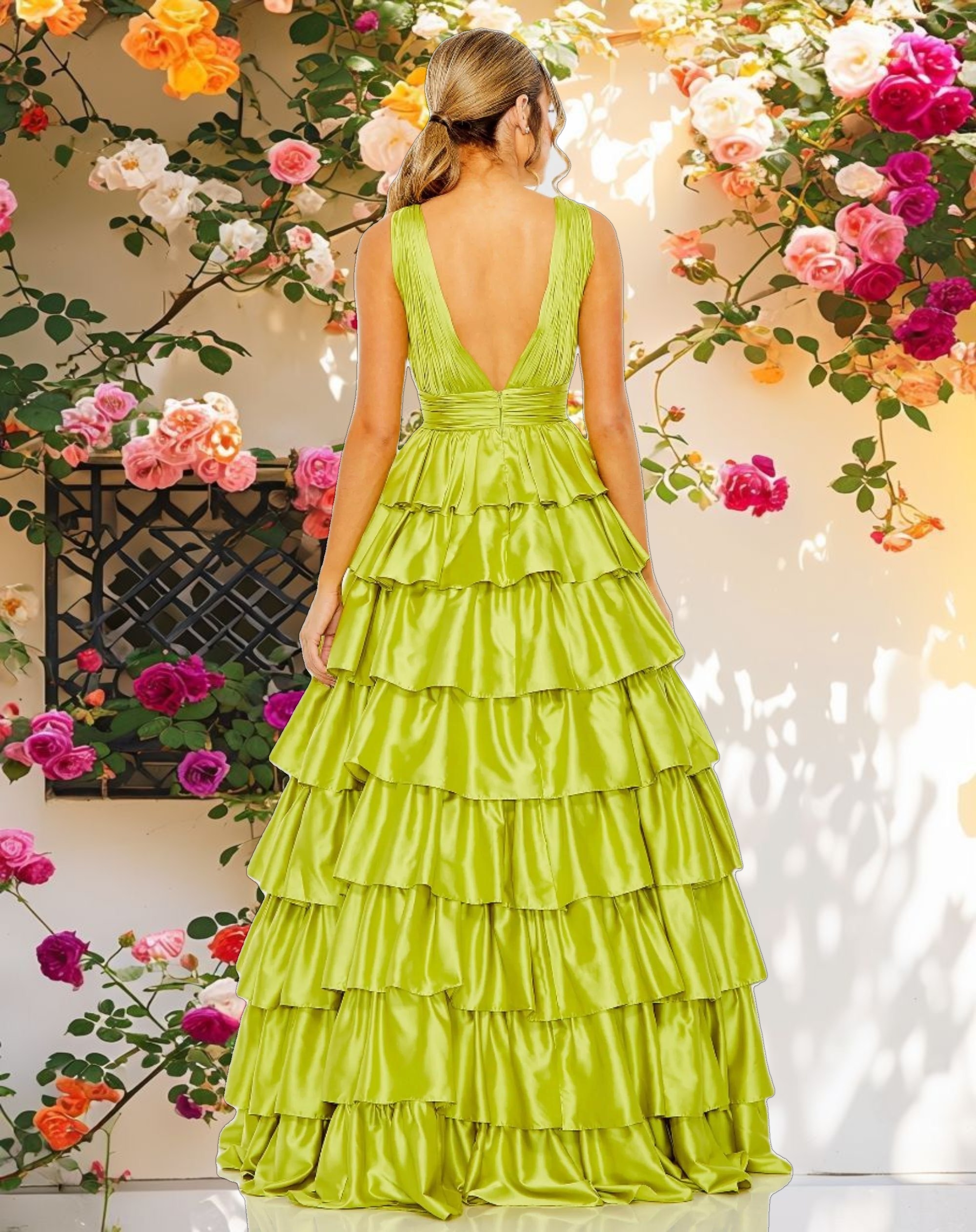 Green Ruffle Tiered Pleated Sleeveless V Neck Gown
