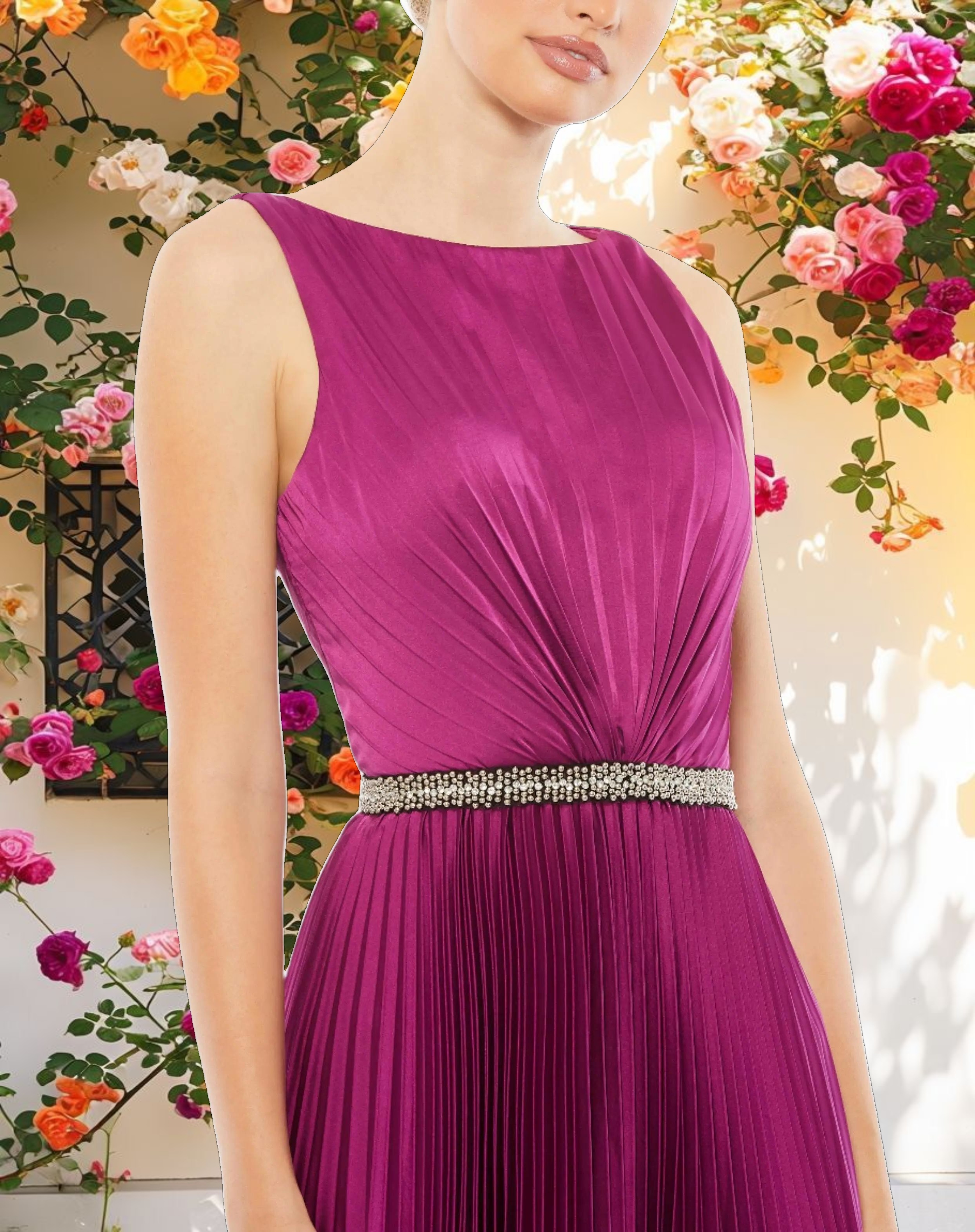 Pleated Sleeveless Bateau Gown