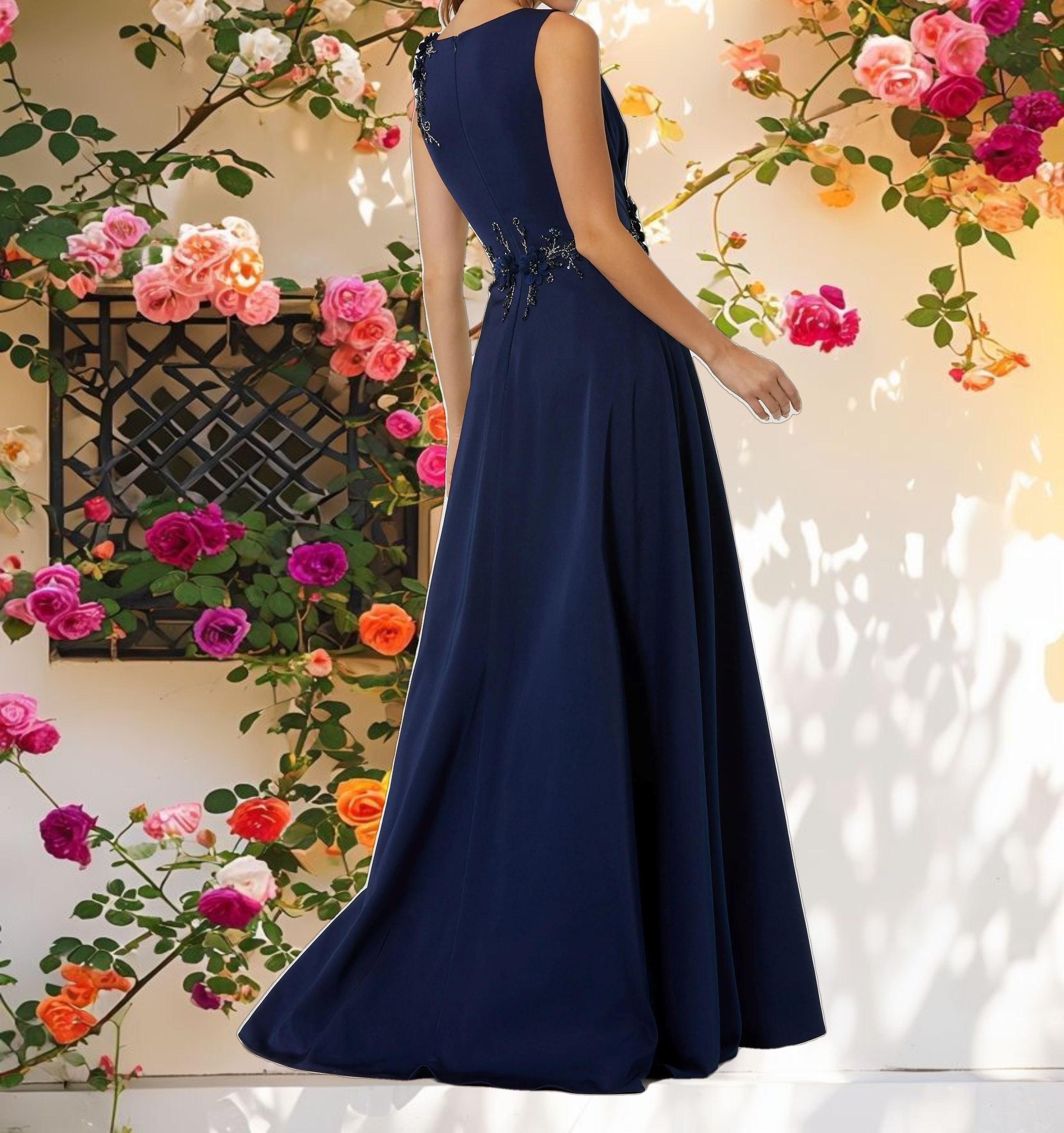 Blue Flowered Applique Open Back Dress
