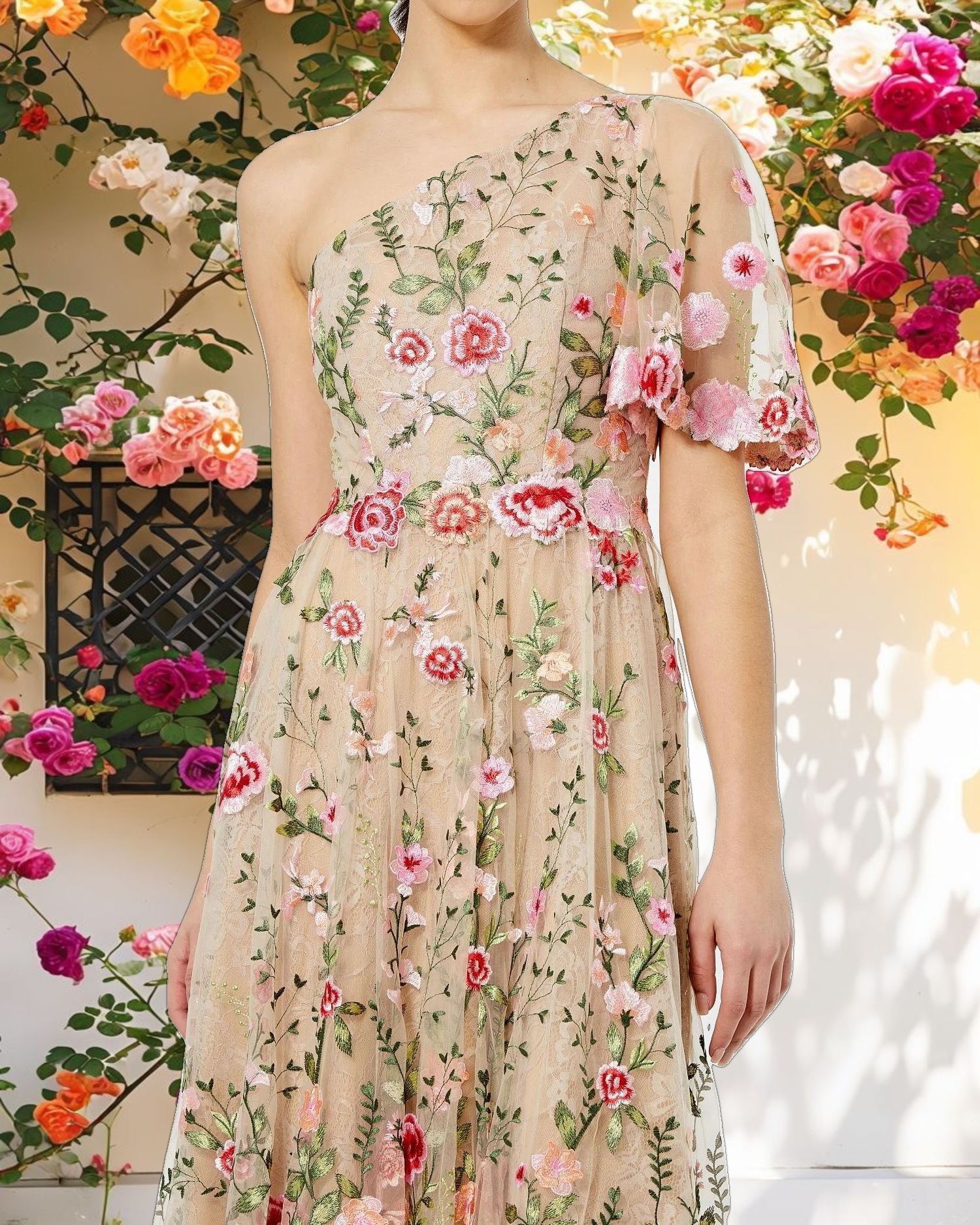 One Shoulder Lace Embroidered Dress