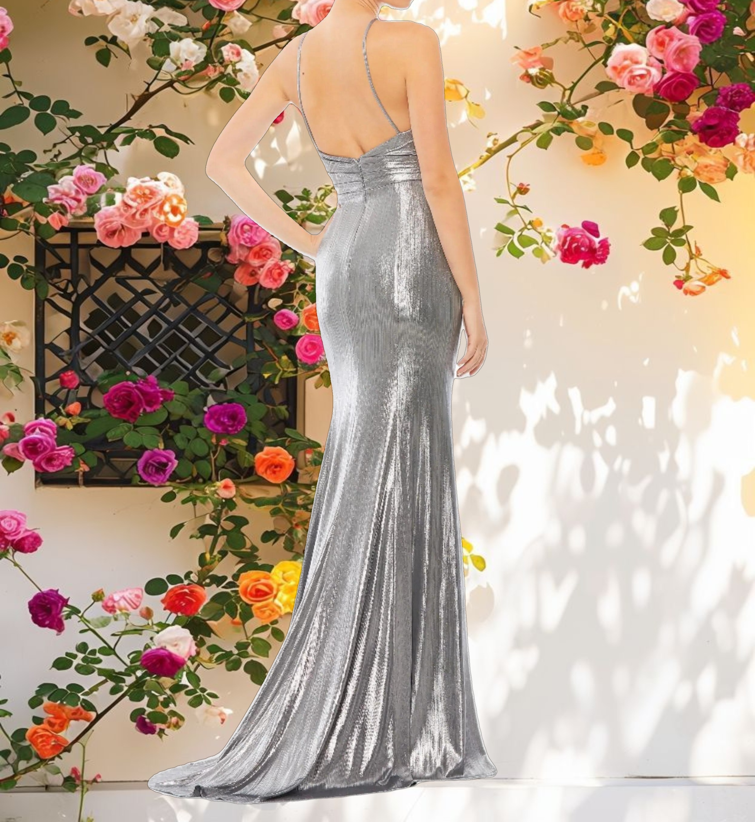 Silver Metallic Faux Wrap Spaghetti Strap Gown