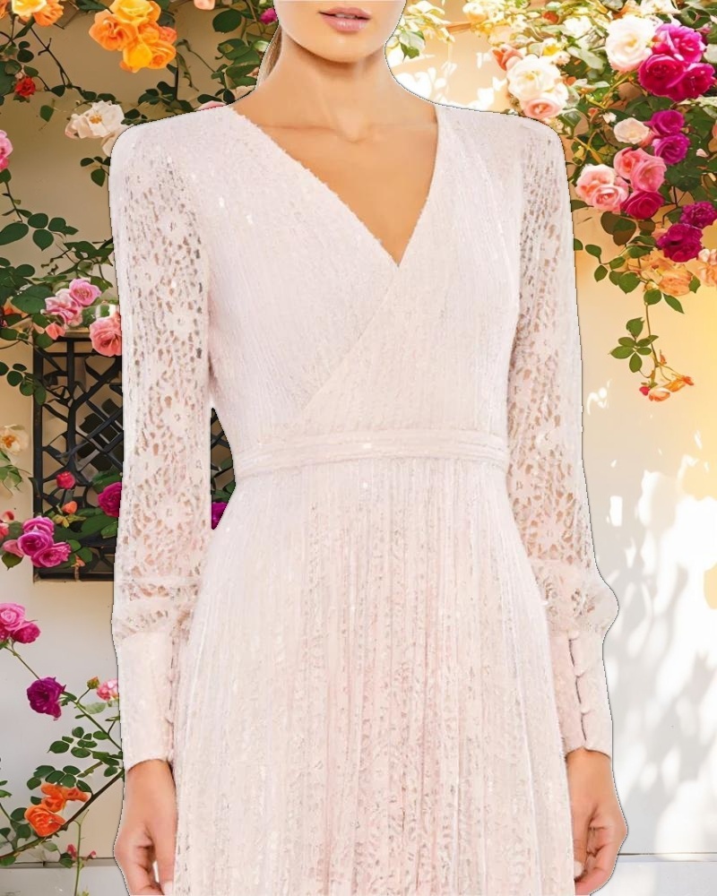 Pink Beaded Lace Long Sleeve Wrap Over Gown