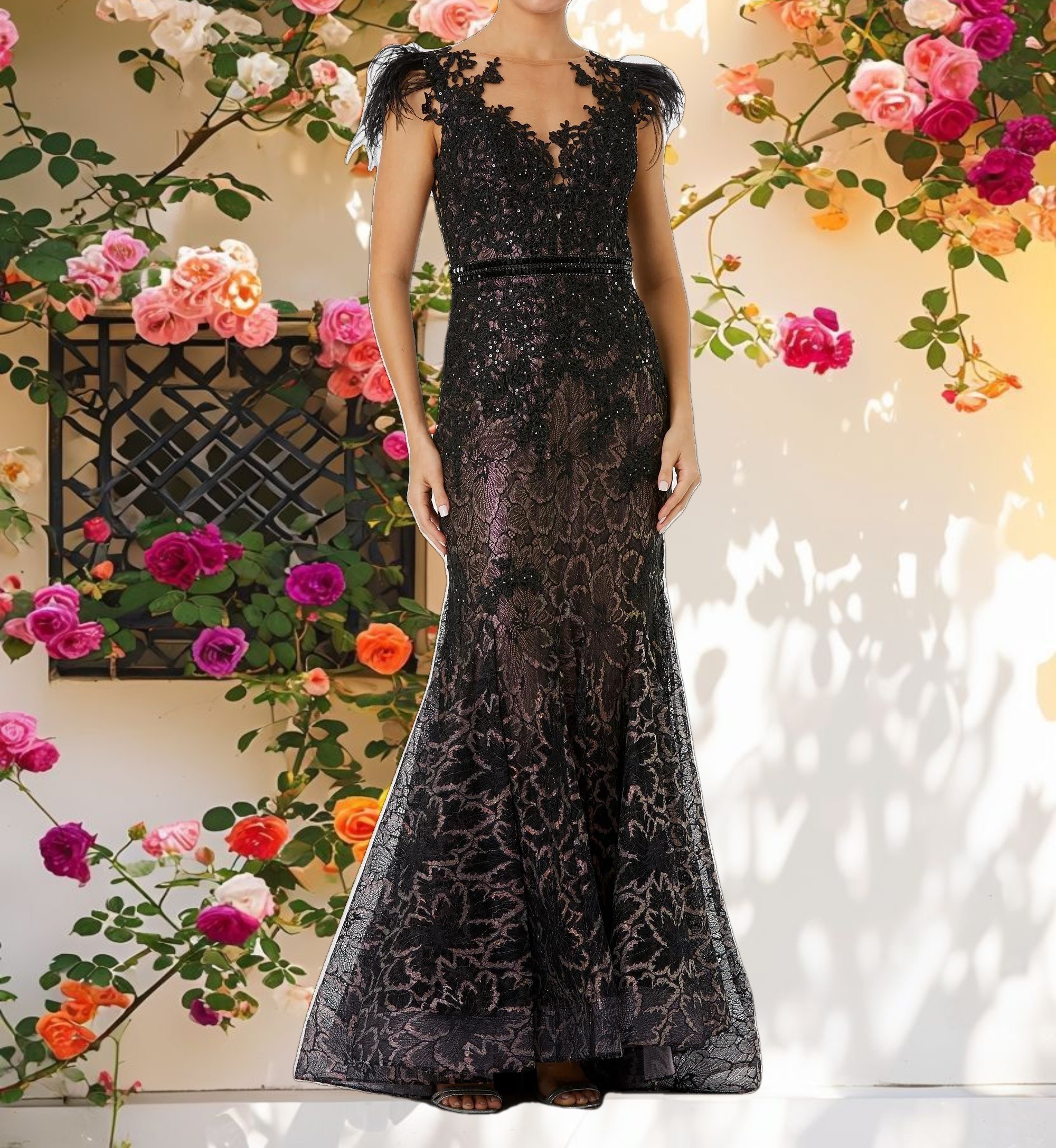 Black Embellished Feather Cap Sleeve Illusion Neck Trumpet Gown