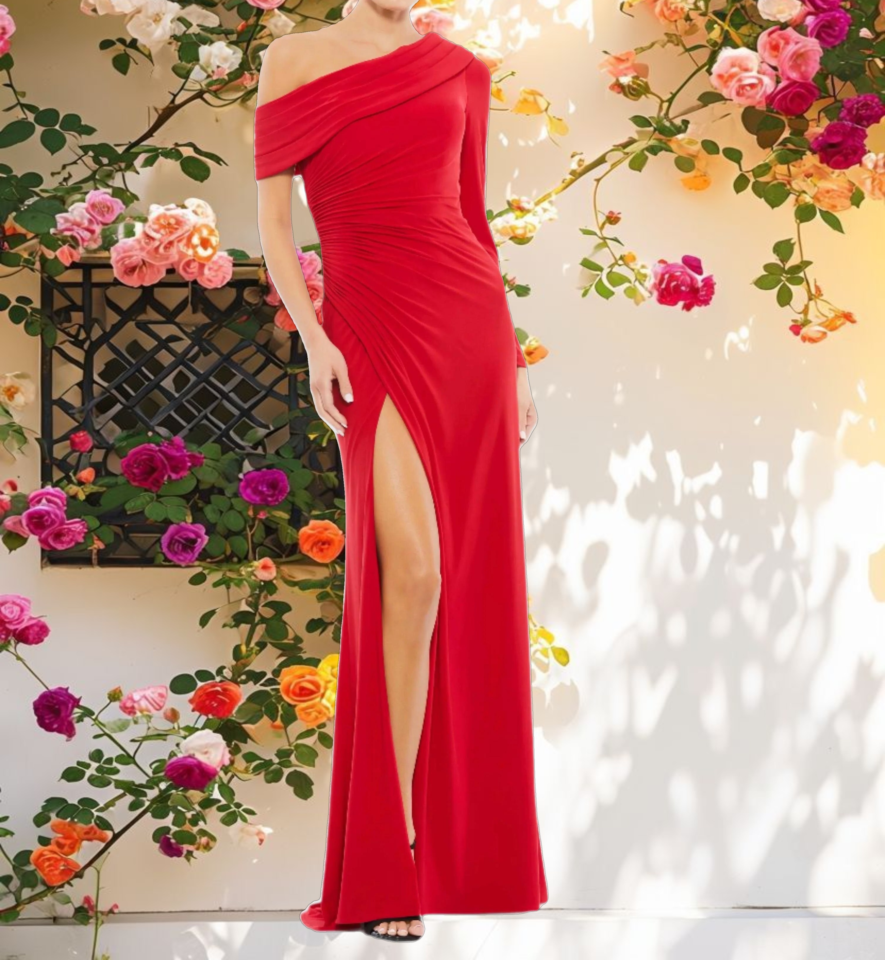 Red Ruched Jersey Drop Shoulder Foldover Gown