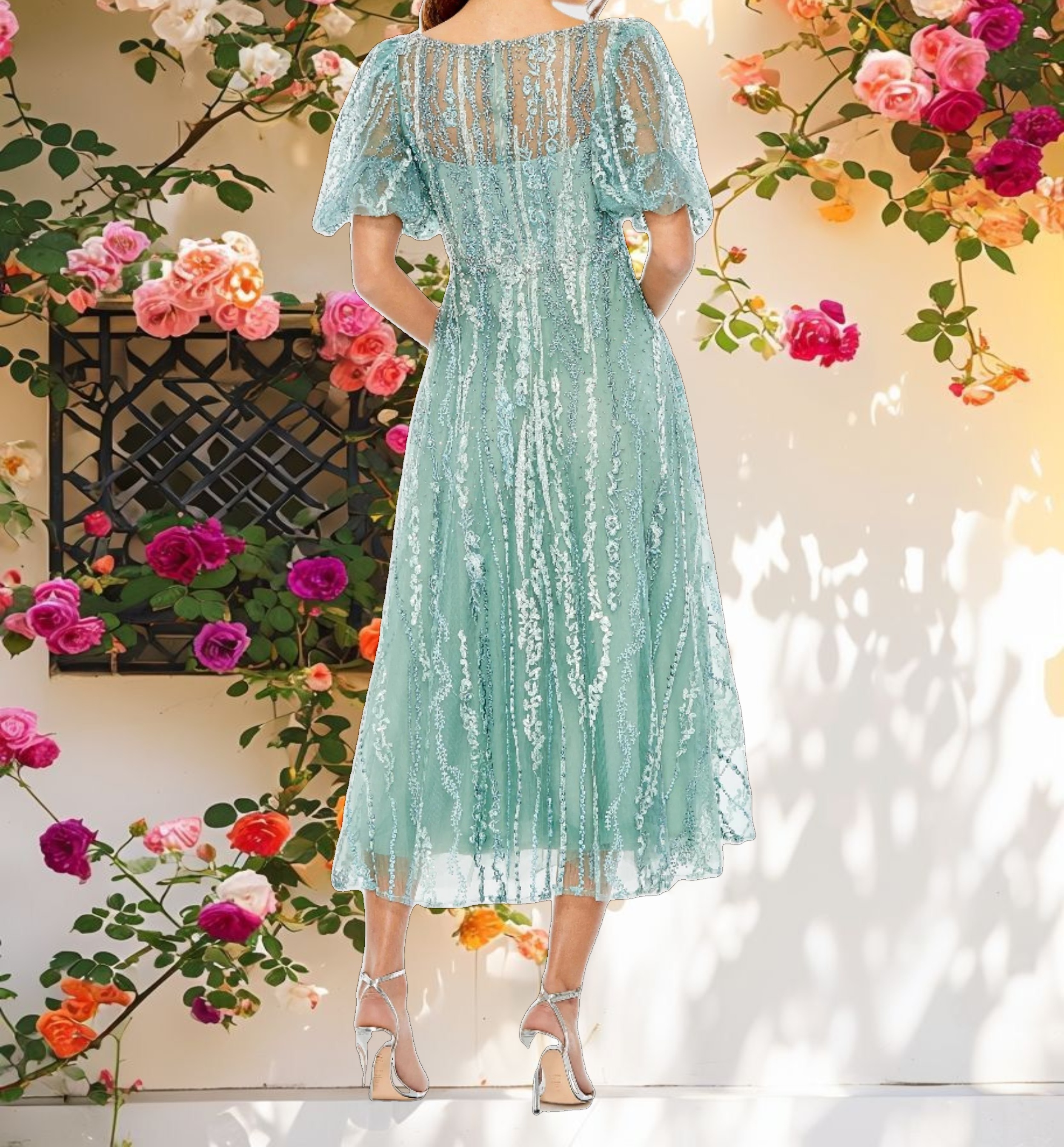 Green High Neck Puff Sleeve Embellished A Line Dress