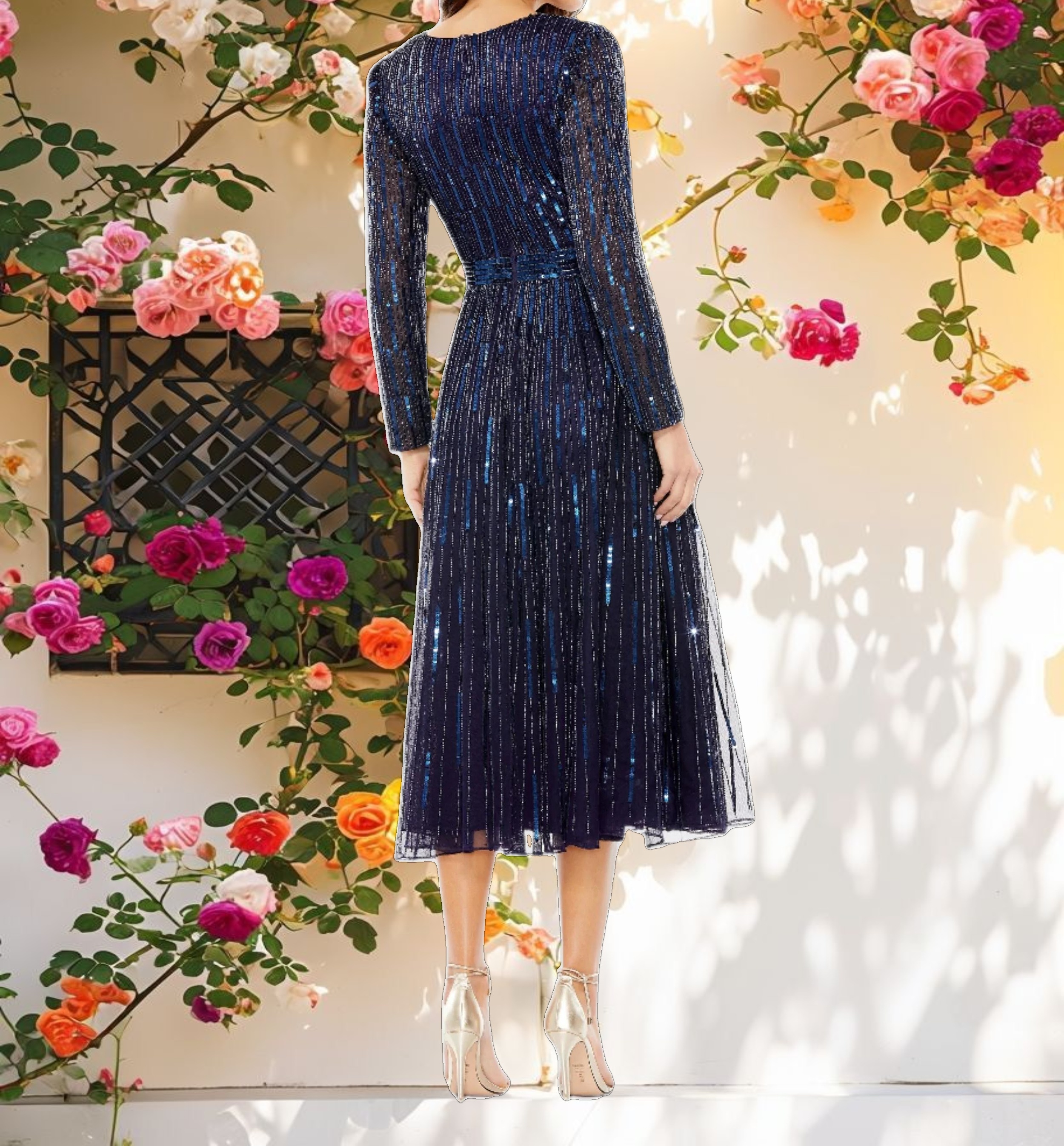 Navy Long Sleeve Tea Length Dress