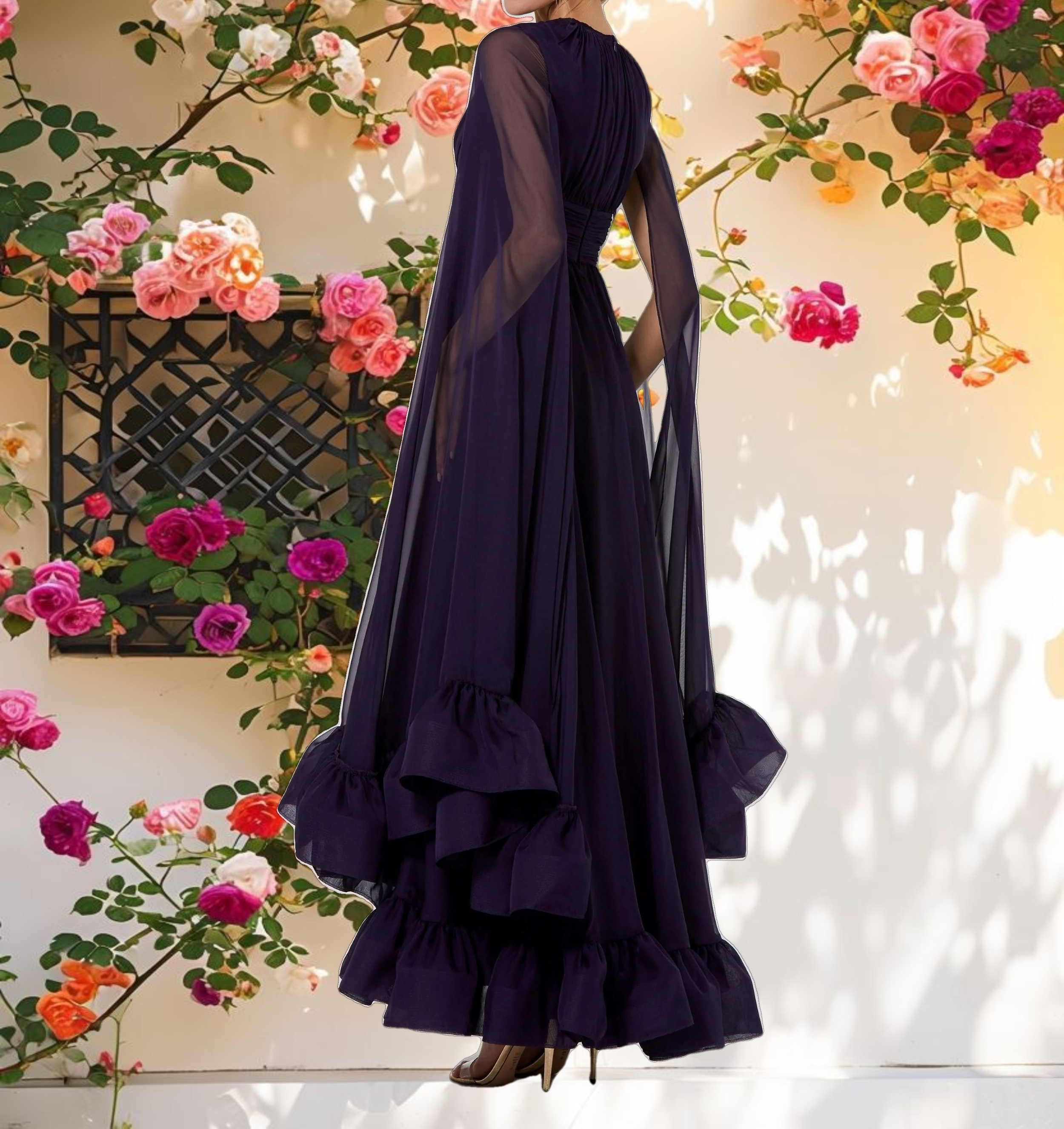 Pink Tulle Coat Sleeve Floor Length Dress With Keyhole