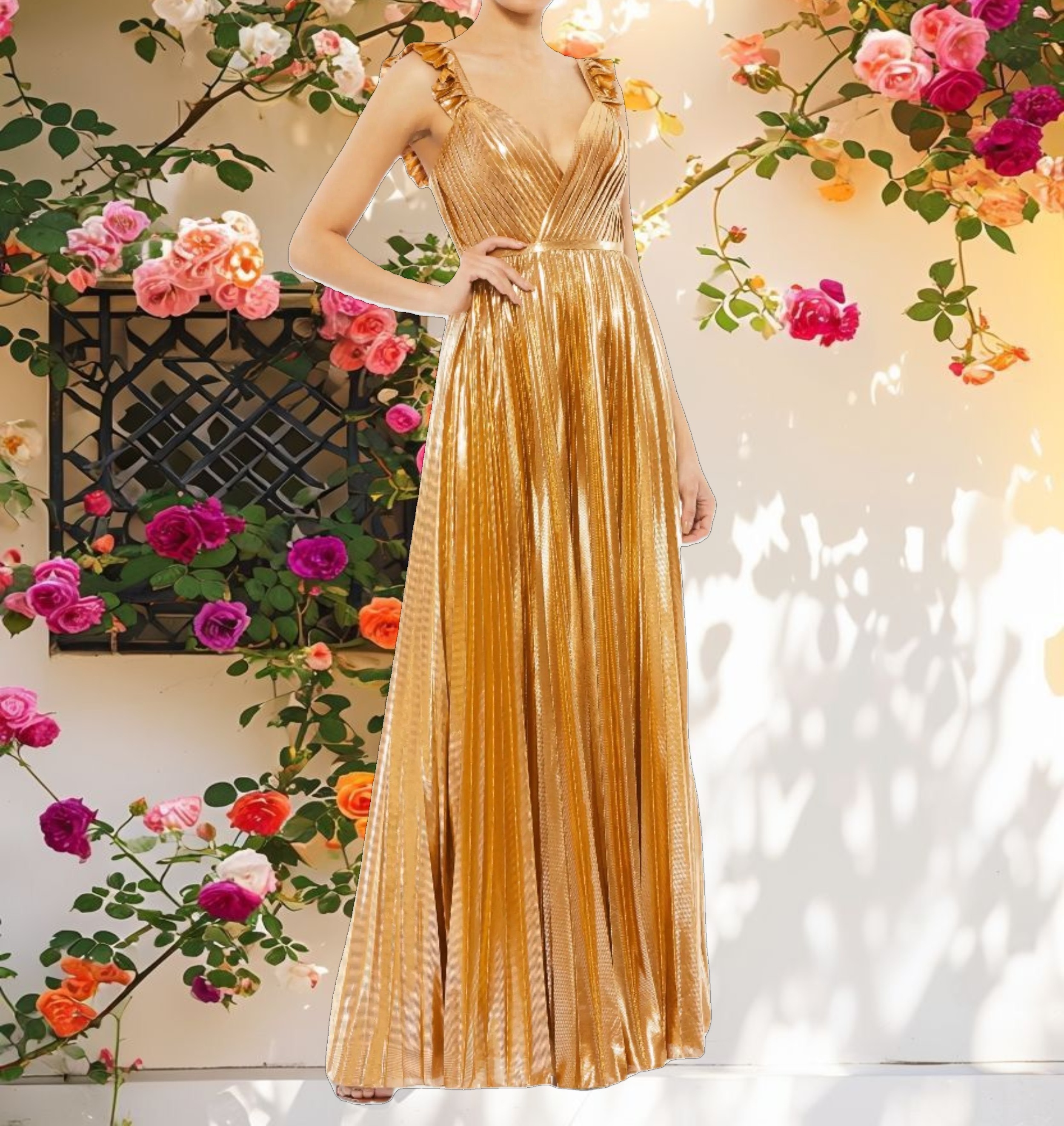 Gold Pleated Ruffled Sleeveless Gown