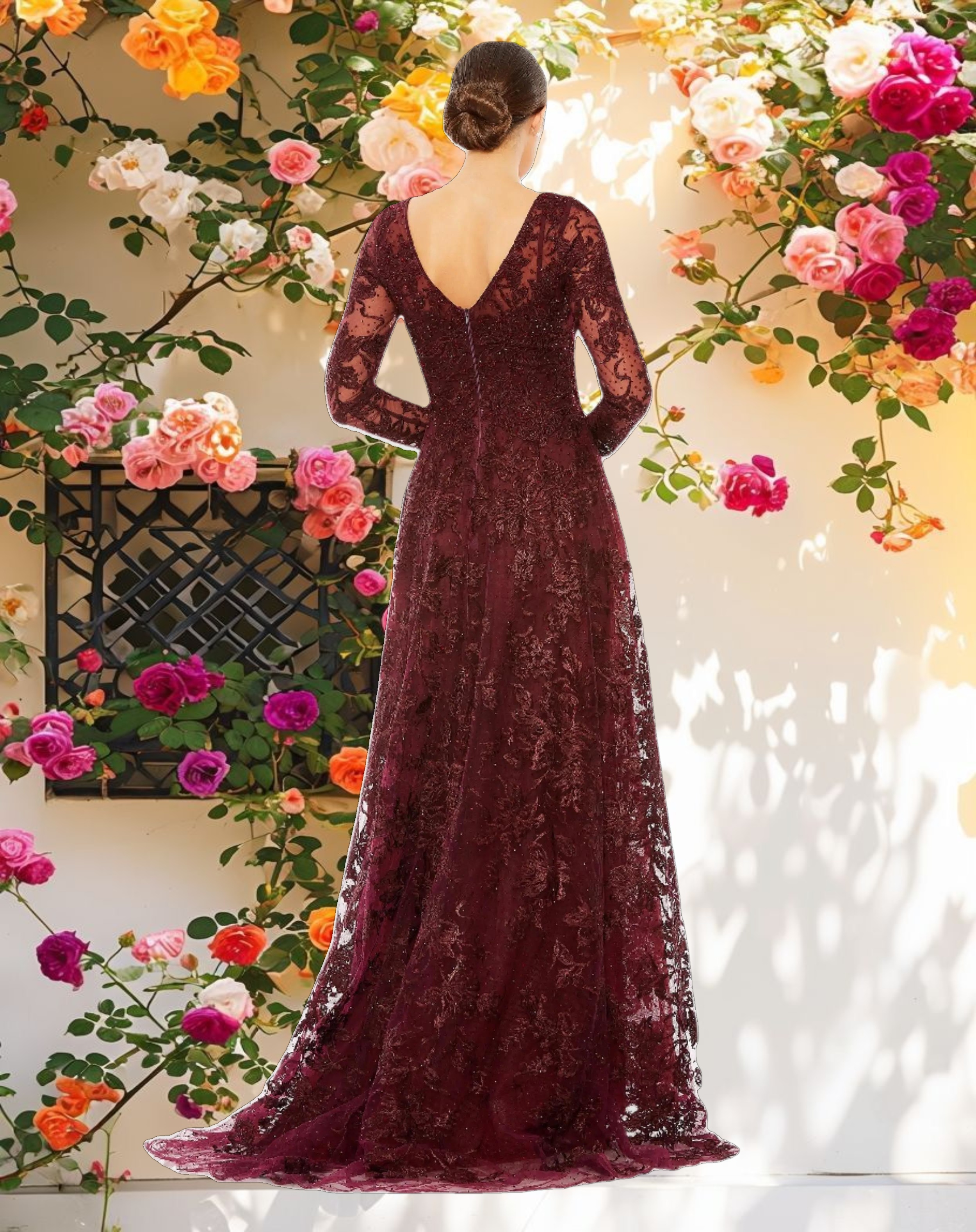 Embroidered Illusion Long Sleeve V Neck Gown