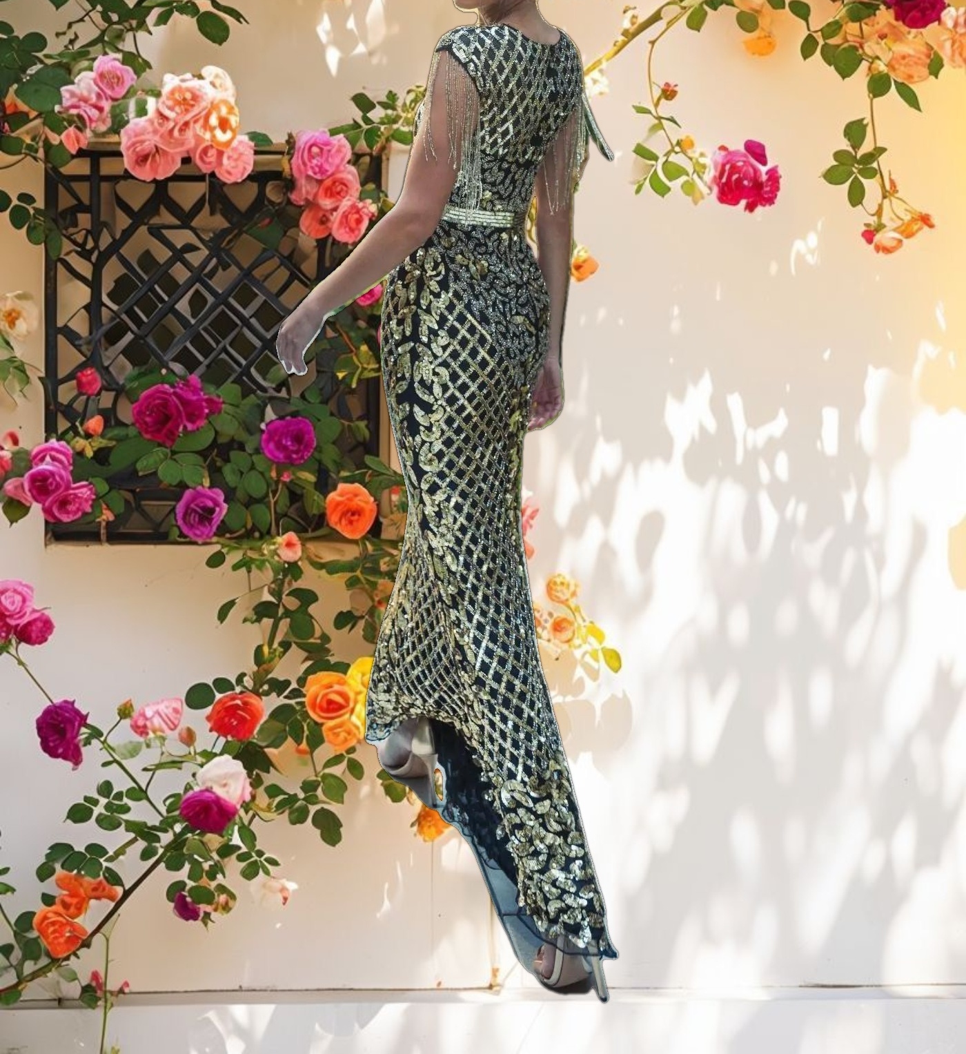 Black High Neck Sleeveless Beaded Fringe Fitted Gown