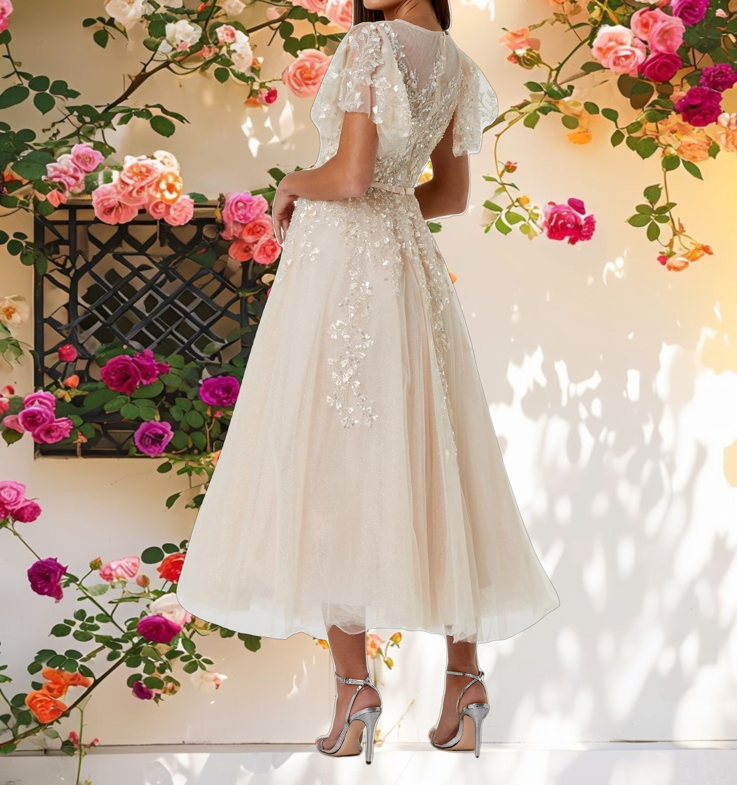 Beige Embellished Flutter Sleeve Bow Waist A Line Dress