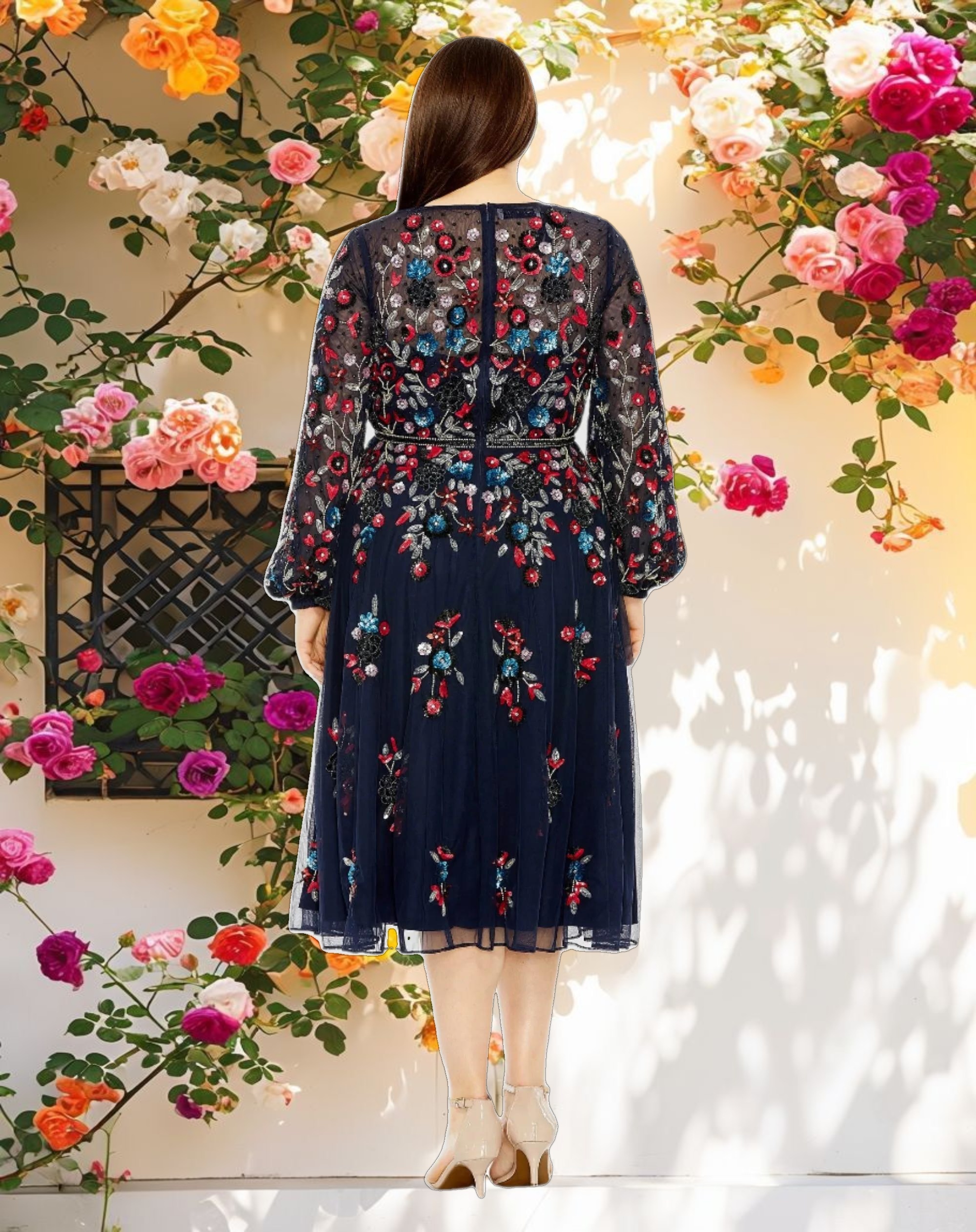 Blue Long Sleeve Beaded Evening Gown