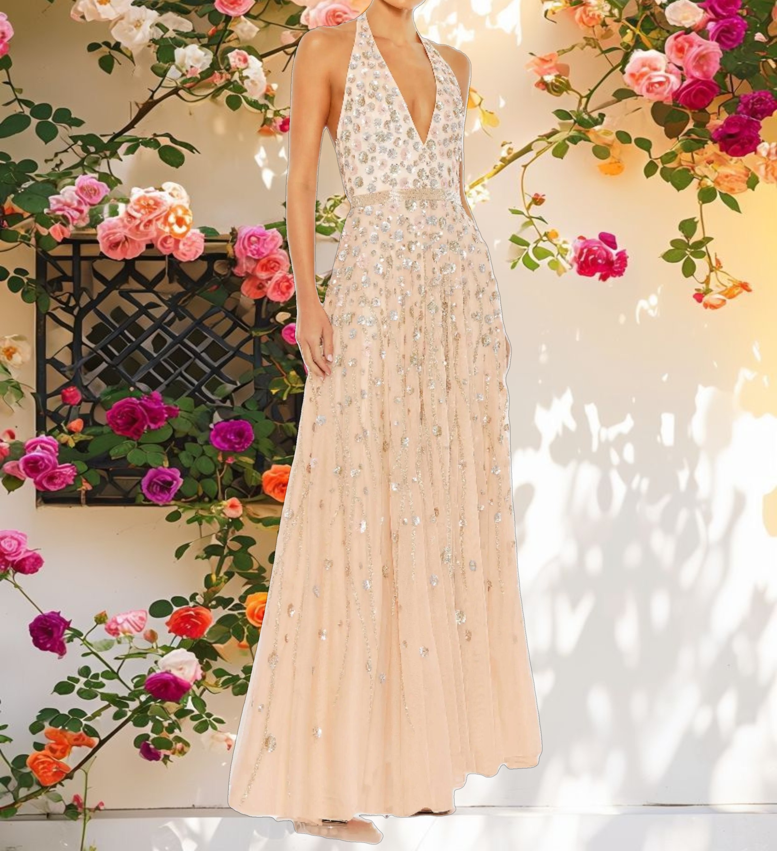 Floral Embellished Halter Strap Gown