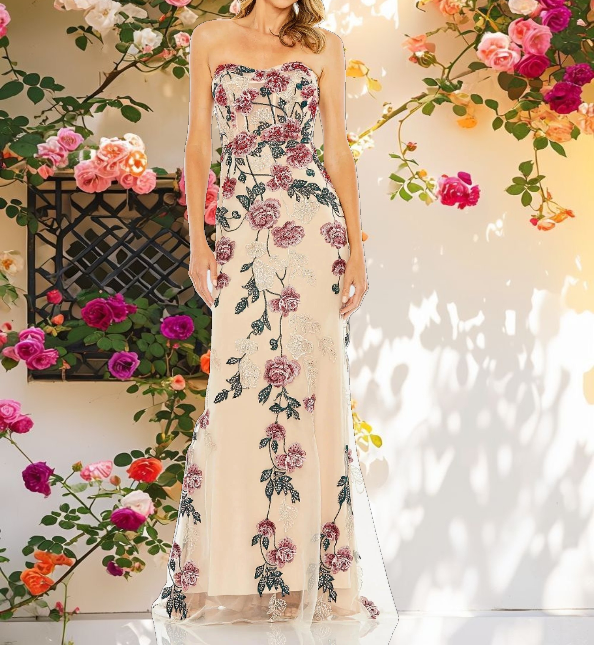 Striped Floral Embroidered Gown