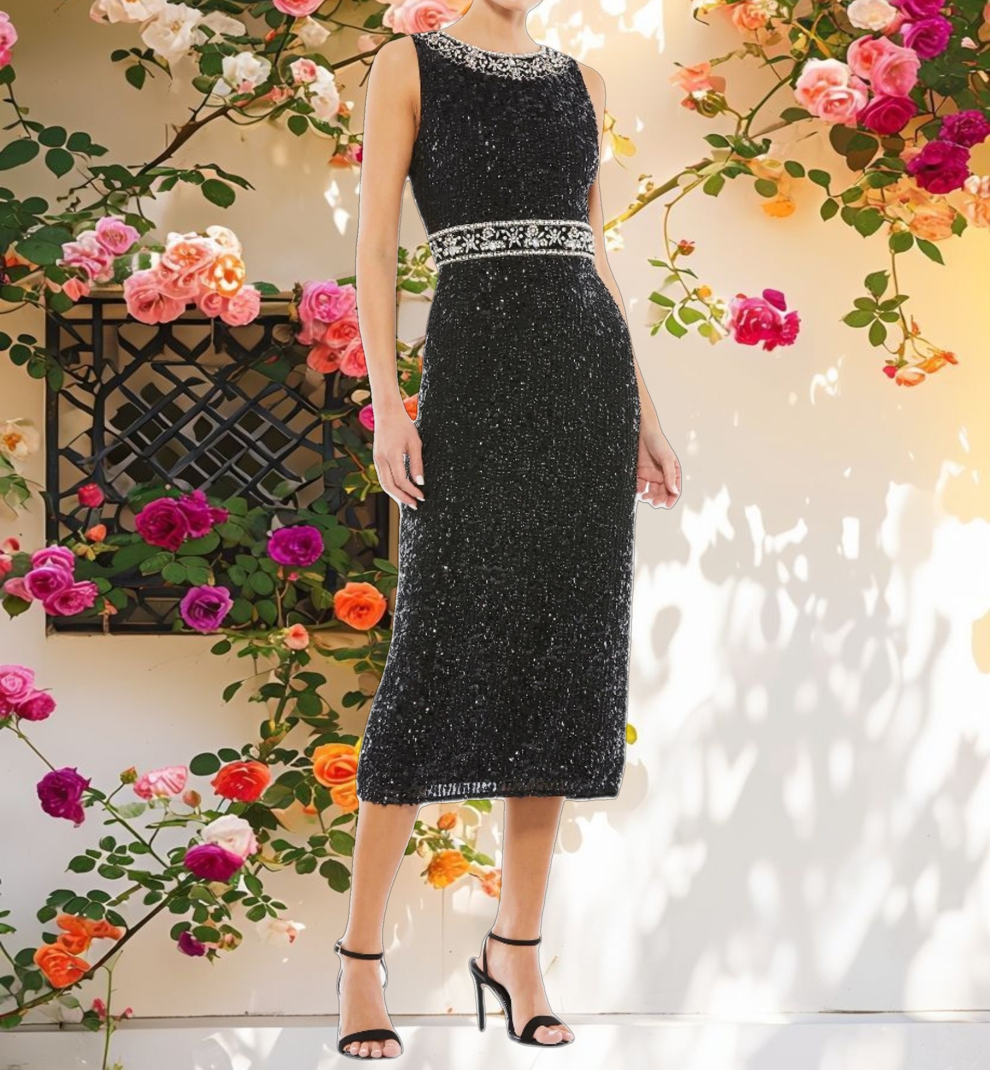 Embellished Sleeveless High Neck Midi Dress