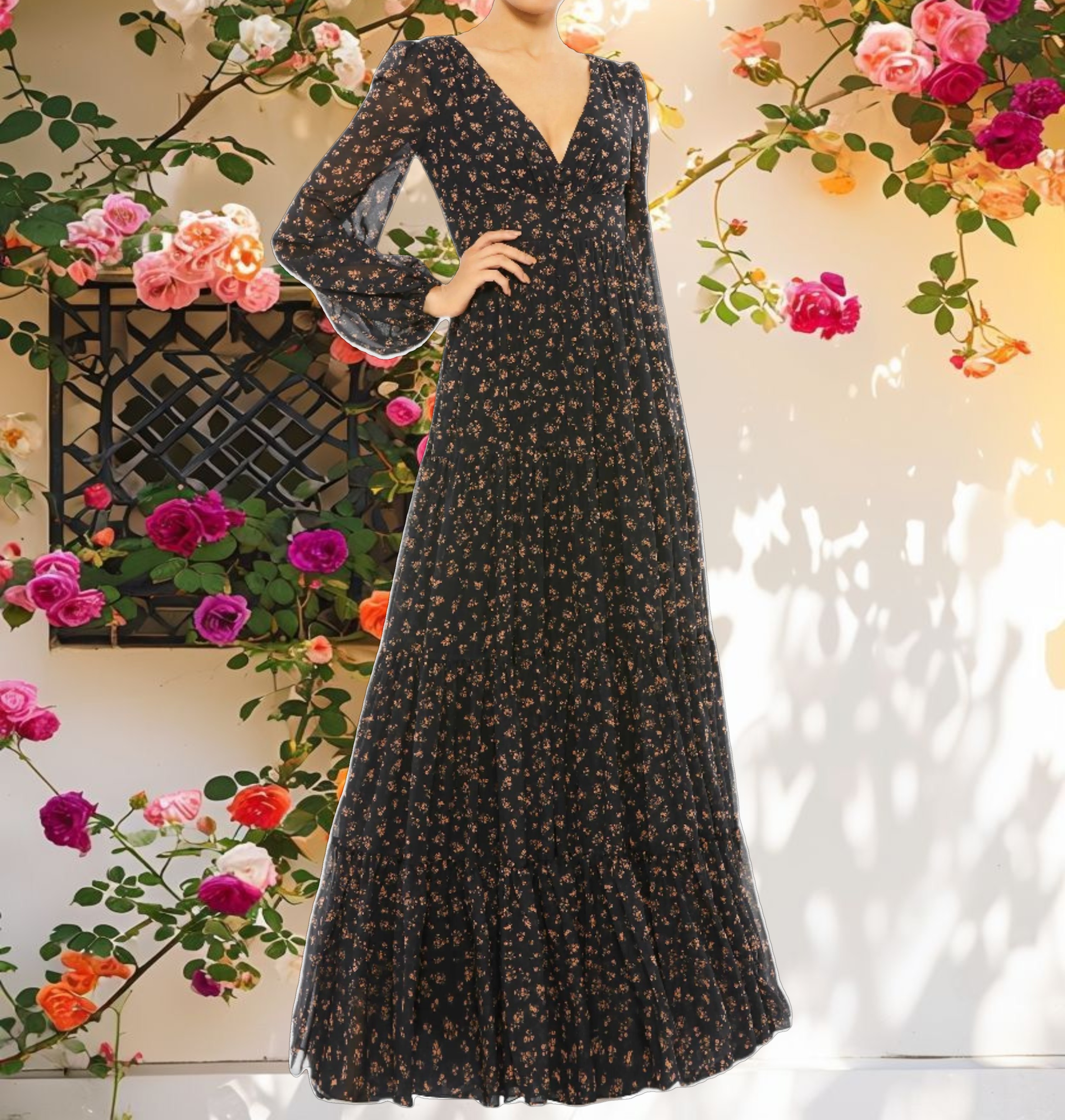 Floral Tiered Long Sleeve Maxi Dress