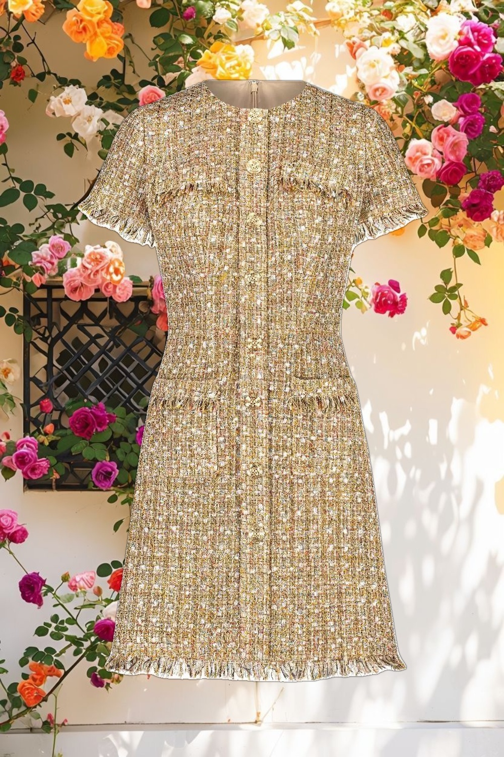 Beige Boucle Short Sleeve Mini Dress With Pockets