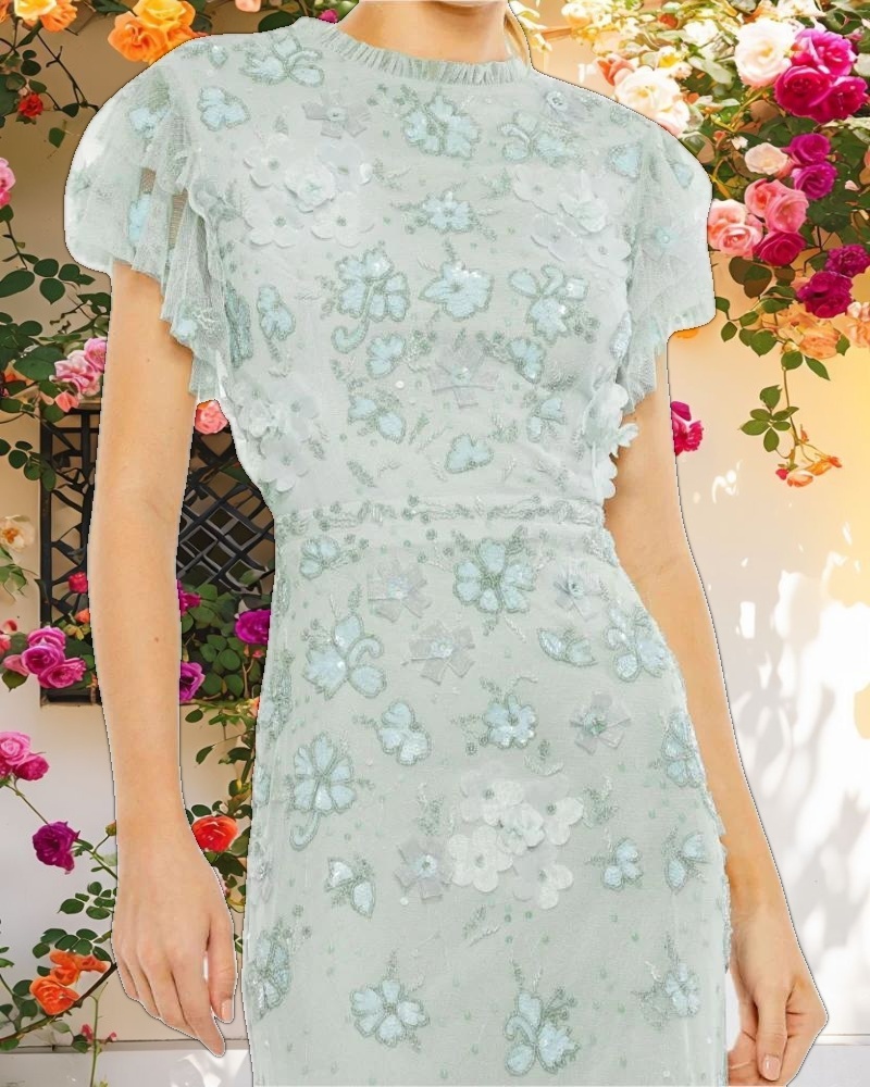 Blue Floral Embellished High Neck Flutter Sleeve Gown