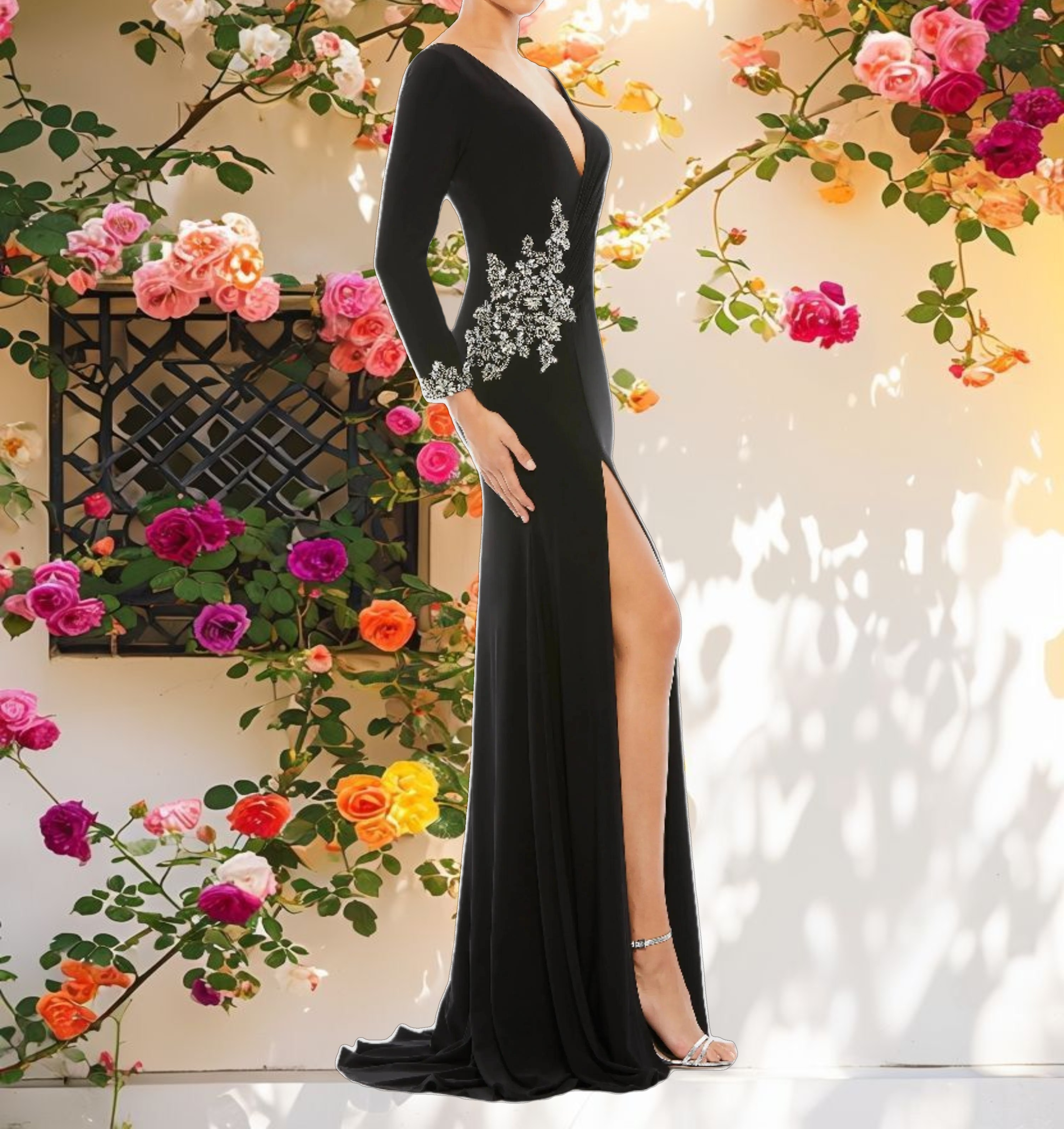 Floral Embellished Faux Wrap Jersey Gown
