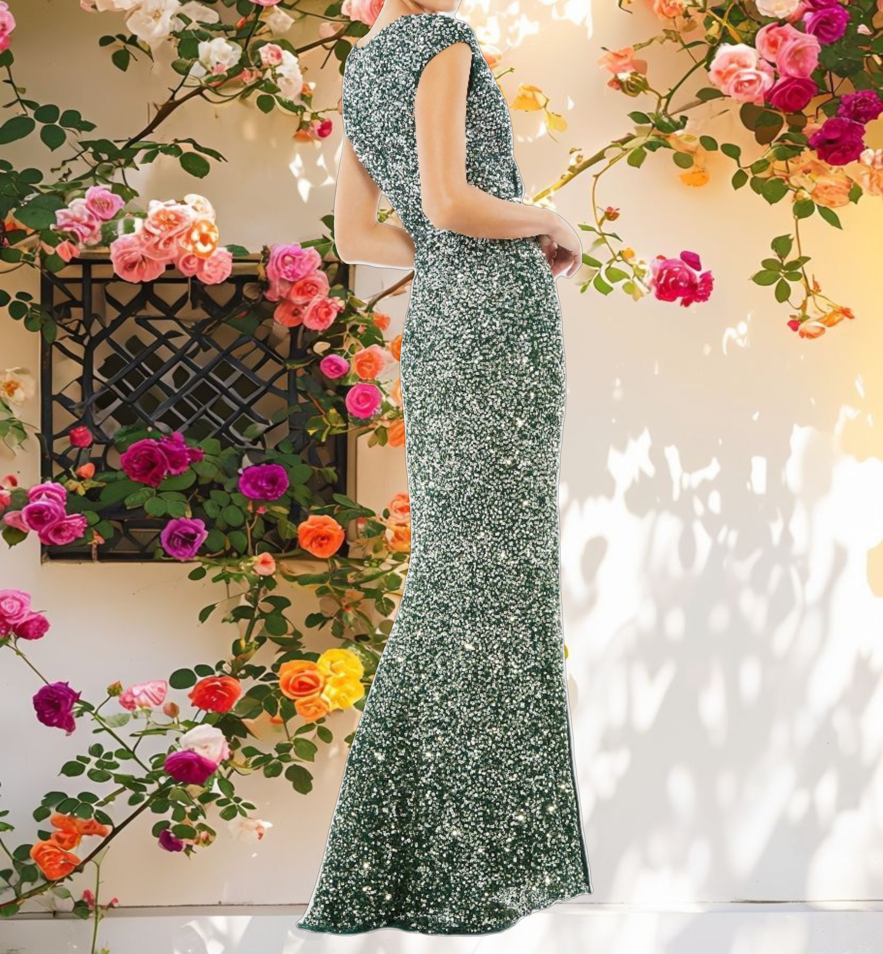 Green Cap Sleeve Sequined High Slit Gown