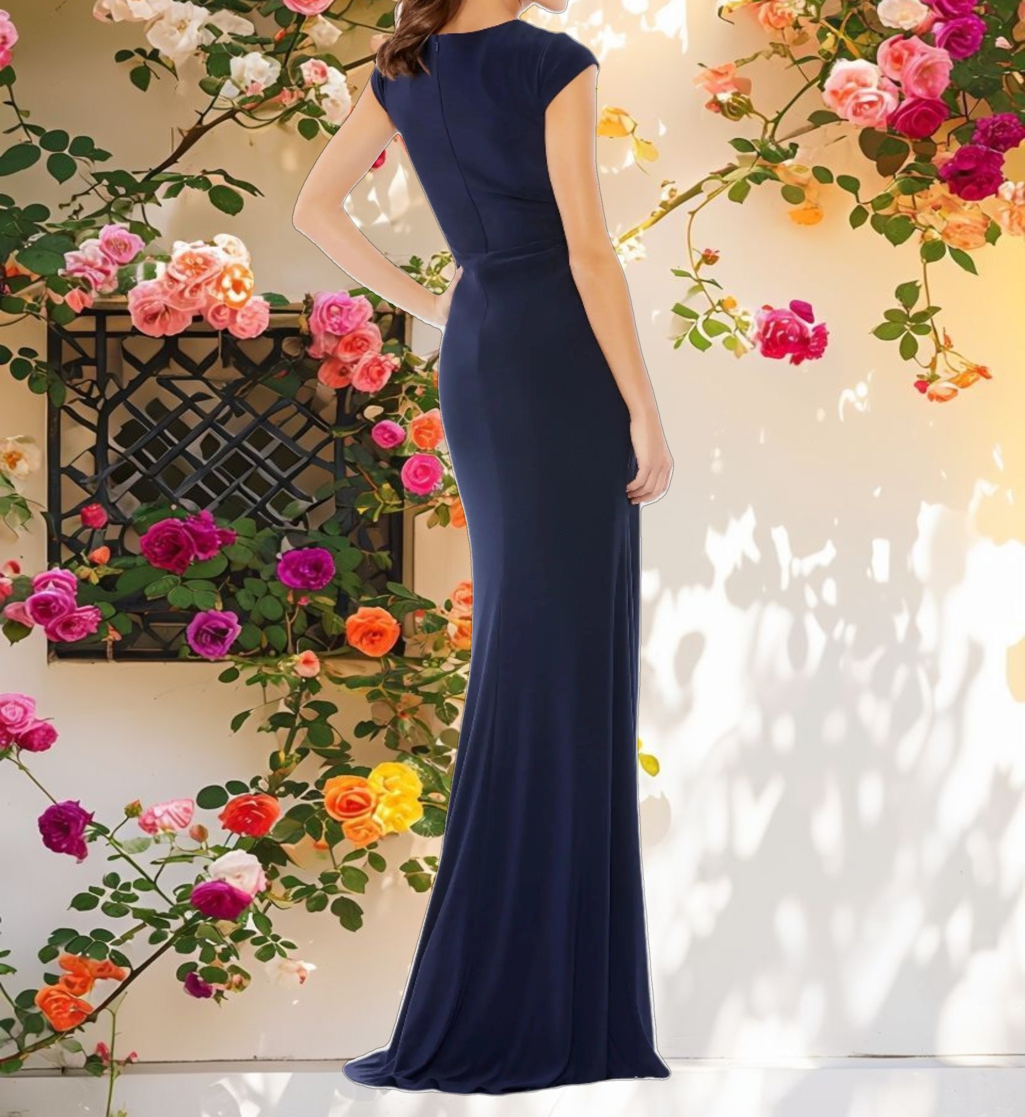 Navy V-Neck Ruched Jersey Gown