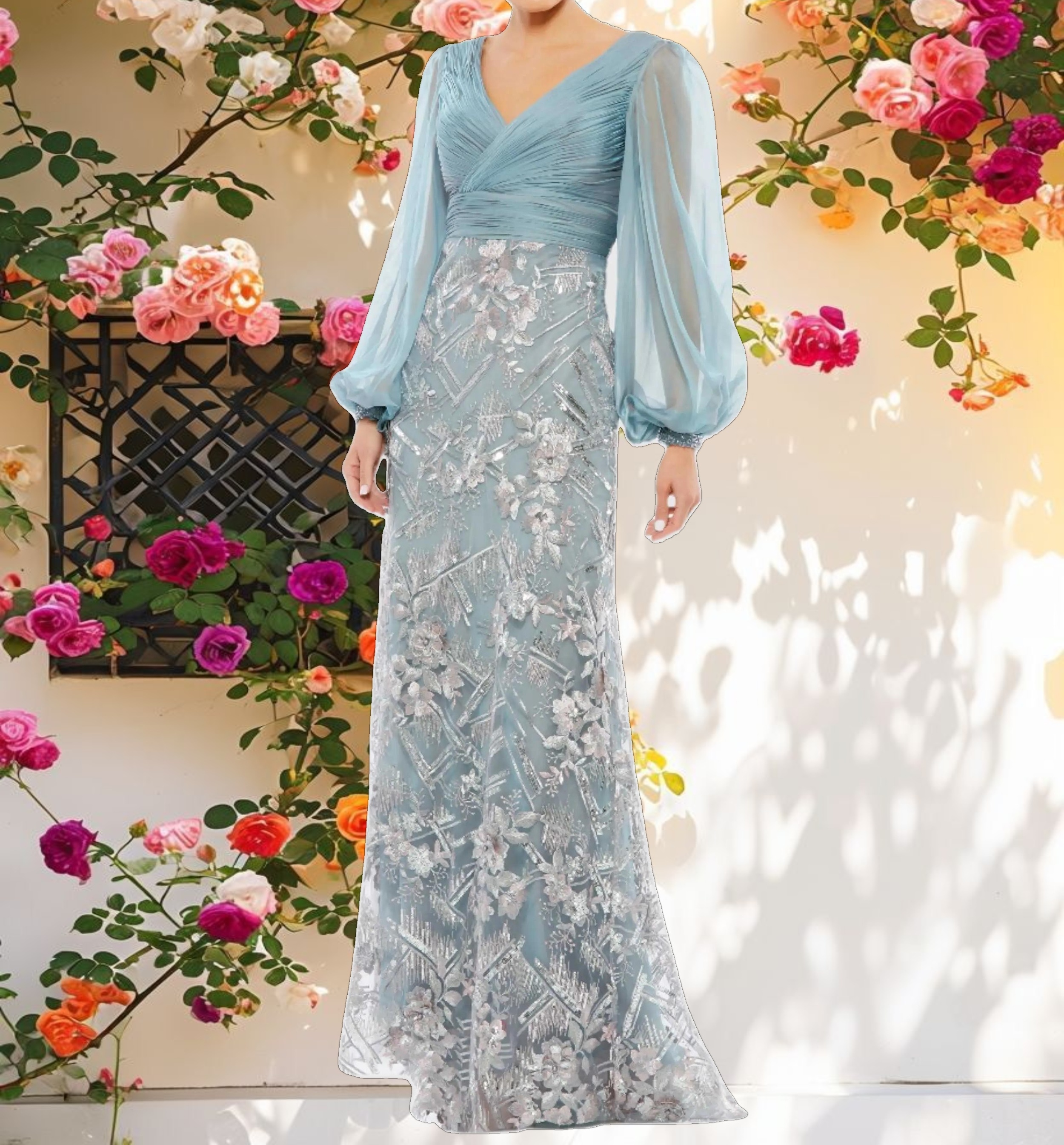 Illusion Puff Sleeve Pleated Bodice Embellished Gown