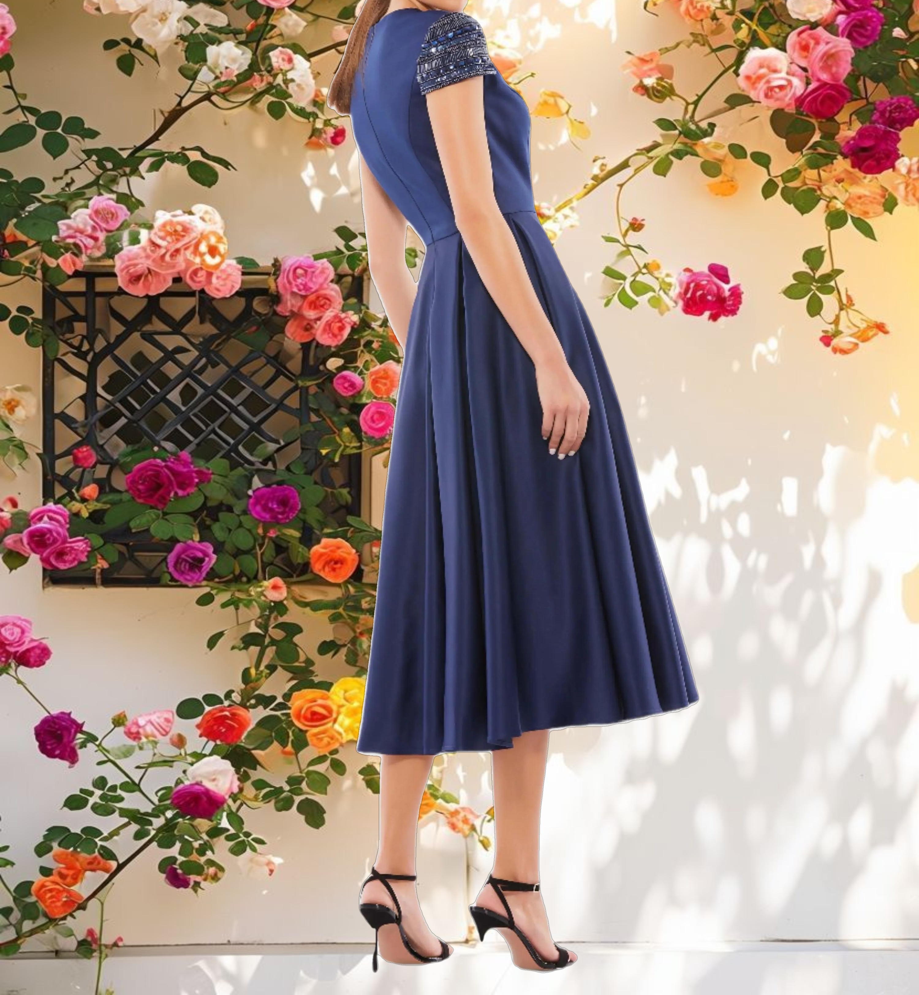 Navy High Neck Cap Sleeve Tea Length Dress