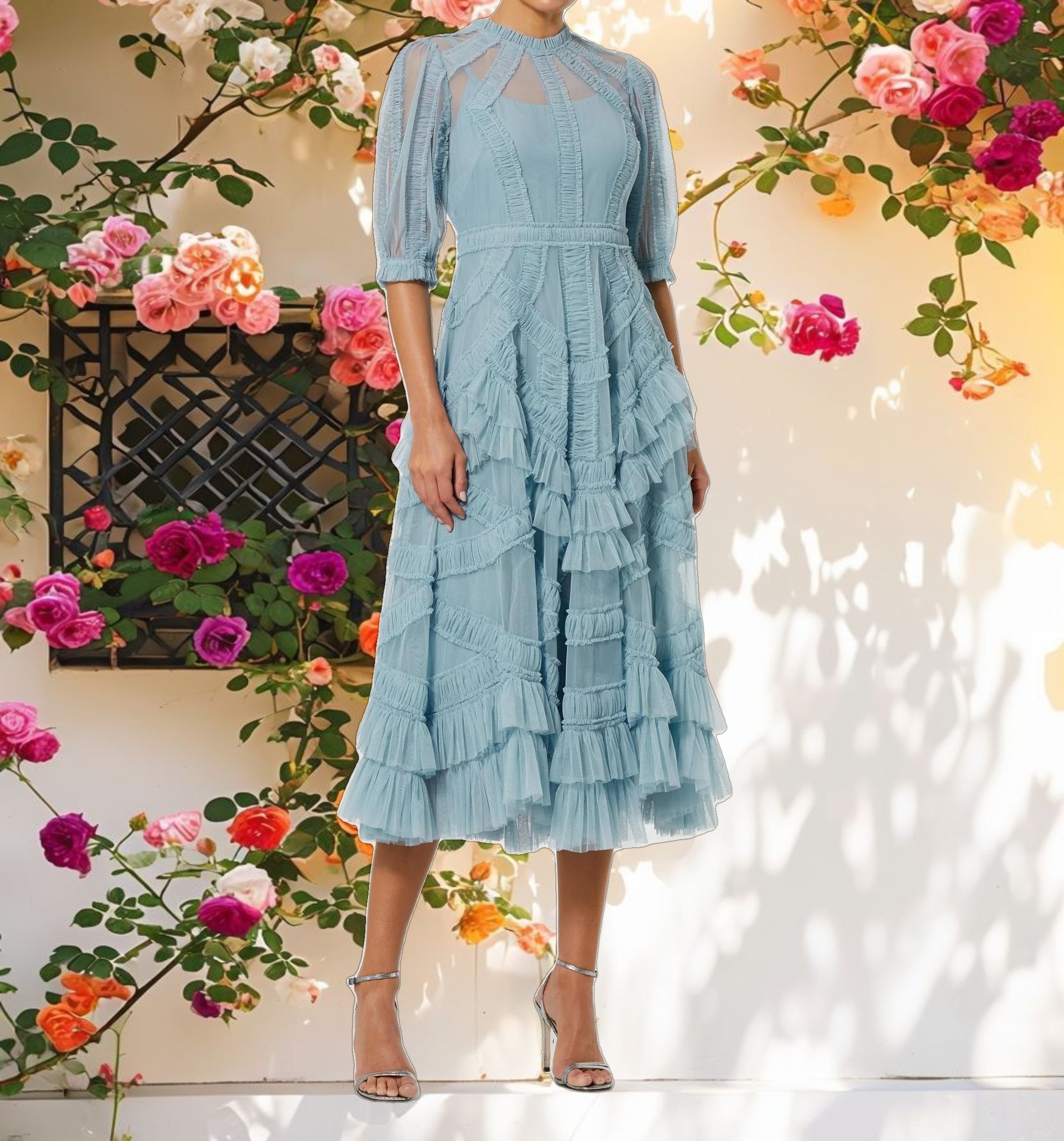 Blue High Neck Micro Ruffle Tiered Midi Dress