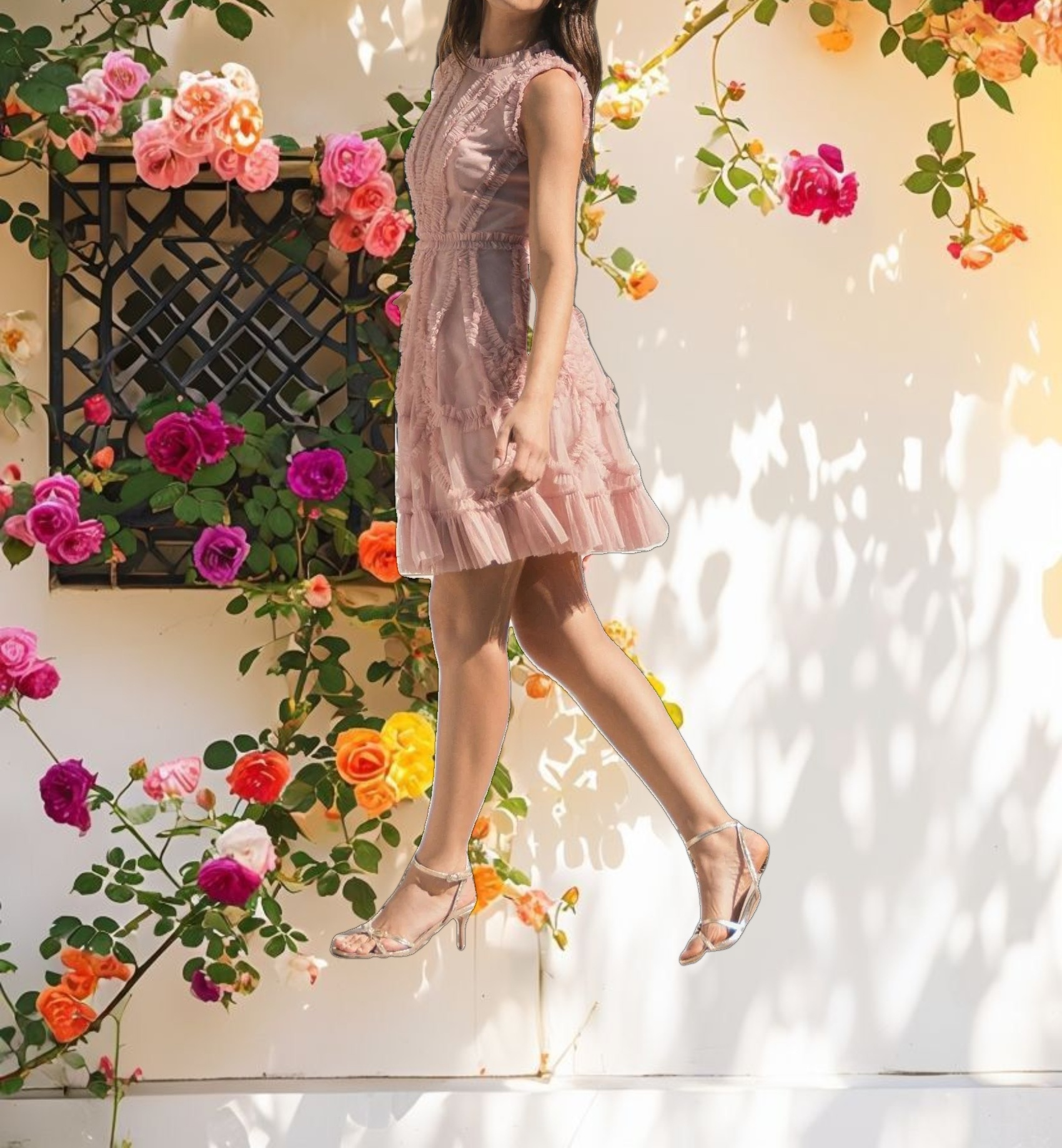 Pink Mesh Ruffle High Neck Mini Dress