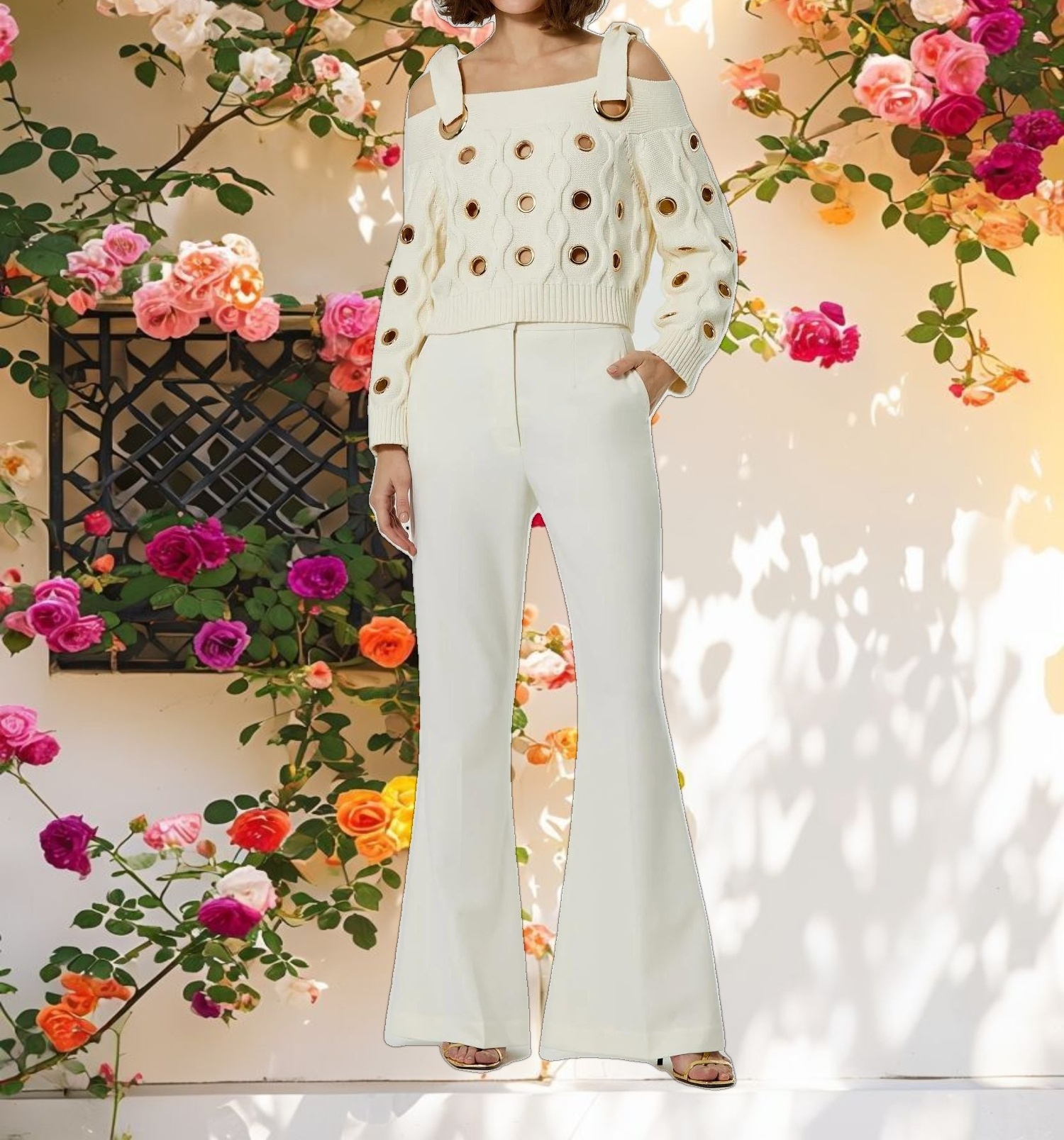 Chunky Knit Off The Shoulder Grommet Cropped Sweater