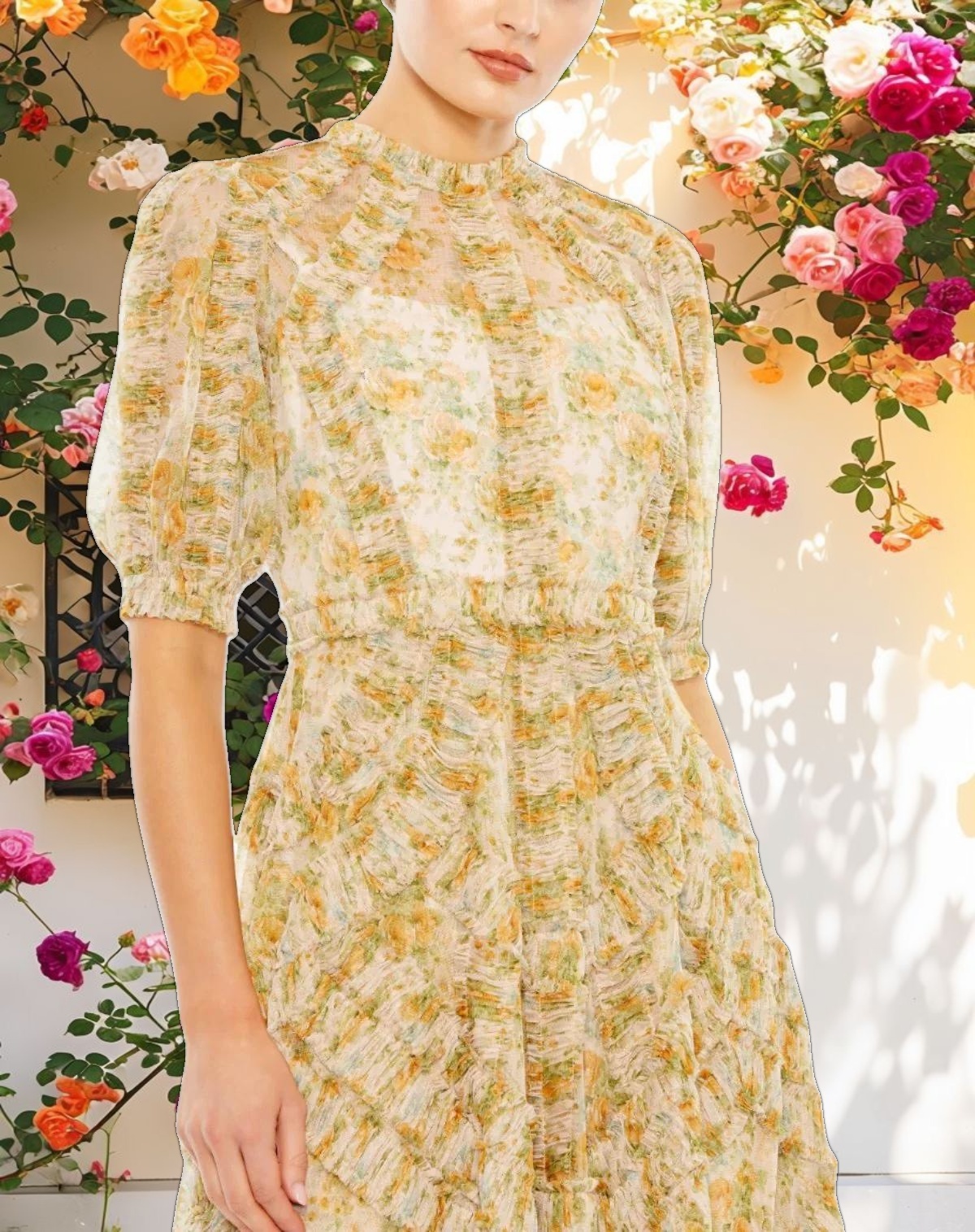 Multi Color Mesh Puff Sleeve Floral Dress