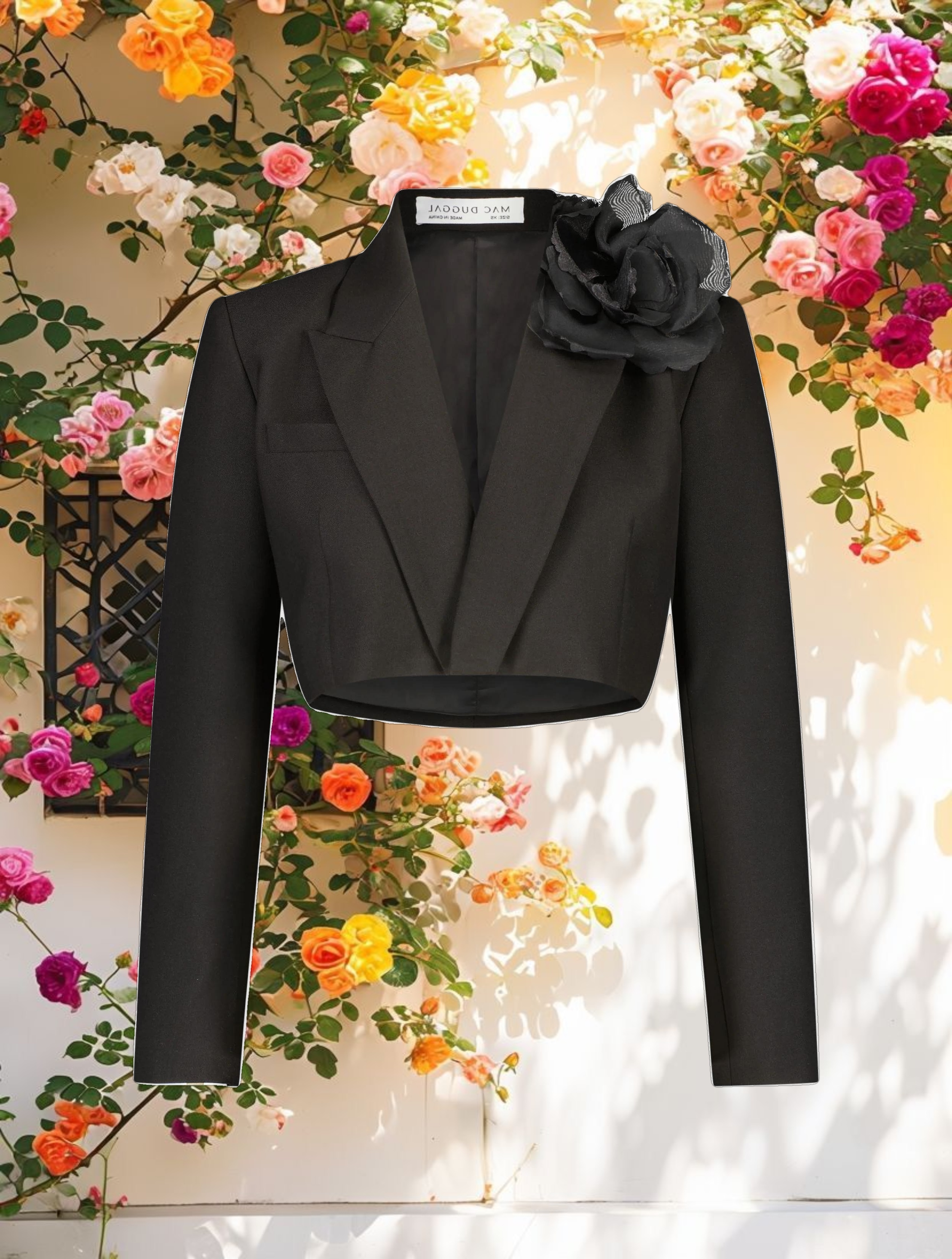 Notch Collar Crepe Cropped Tailored Blazer Jacket with 3D Flower