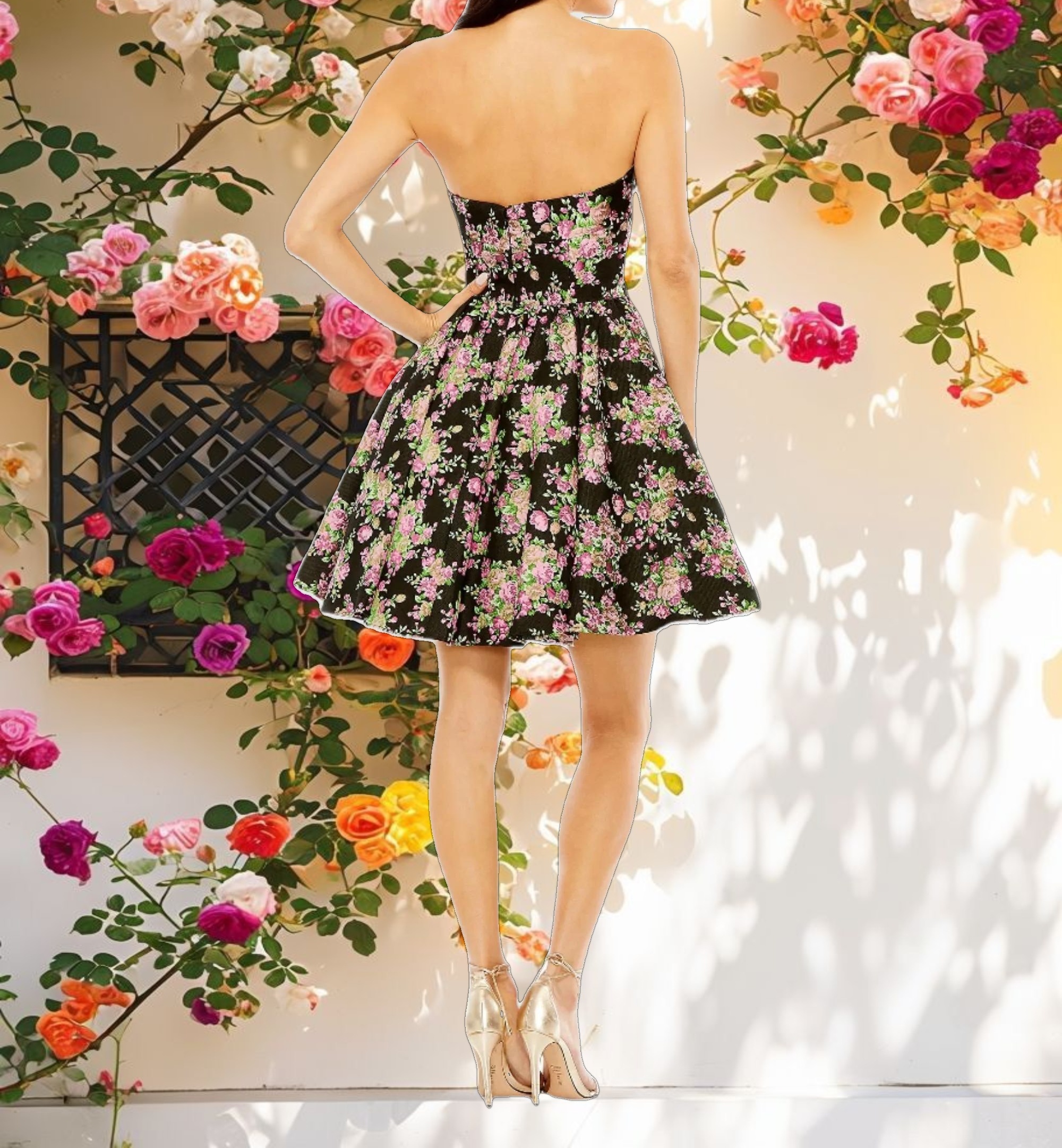 Black Strapless Brocade Mini Dress