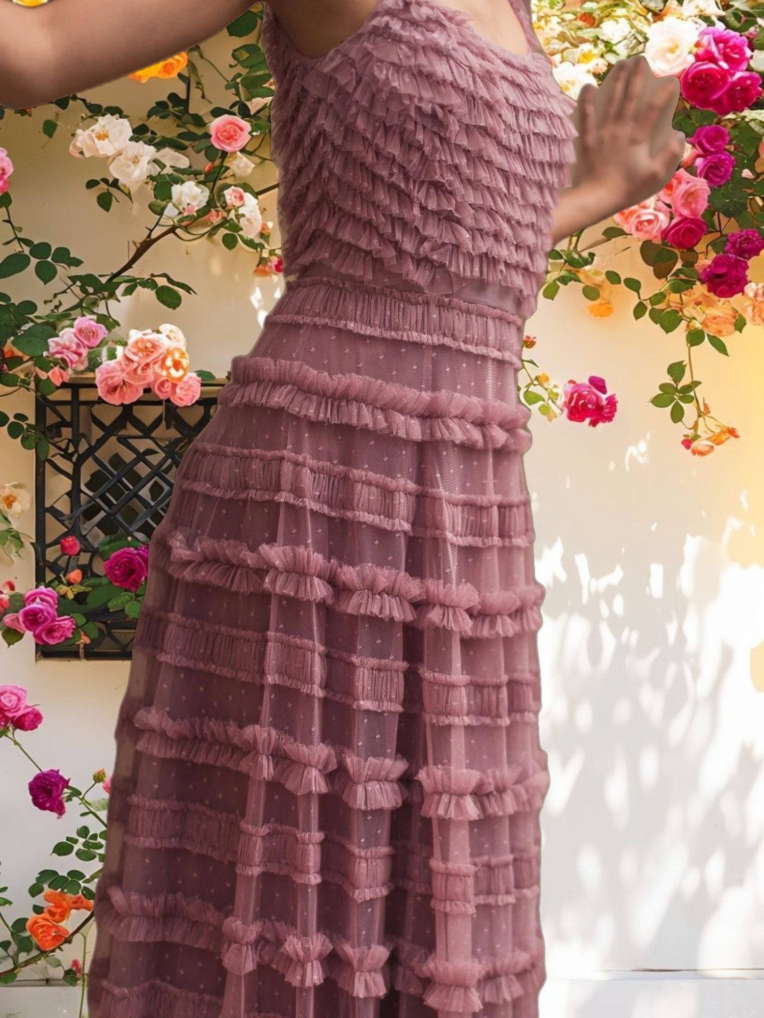 Pink Ruffle Cap Sleeve Tiered Gown