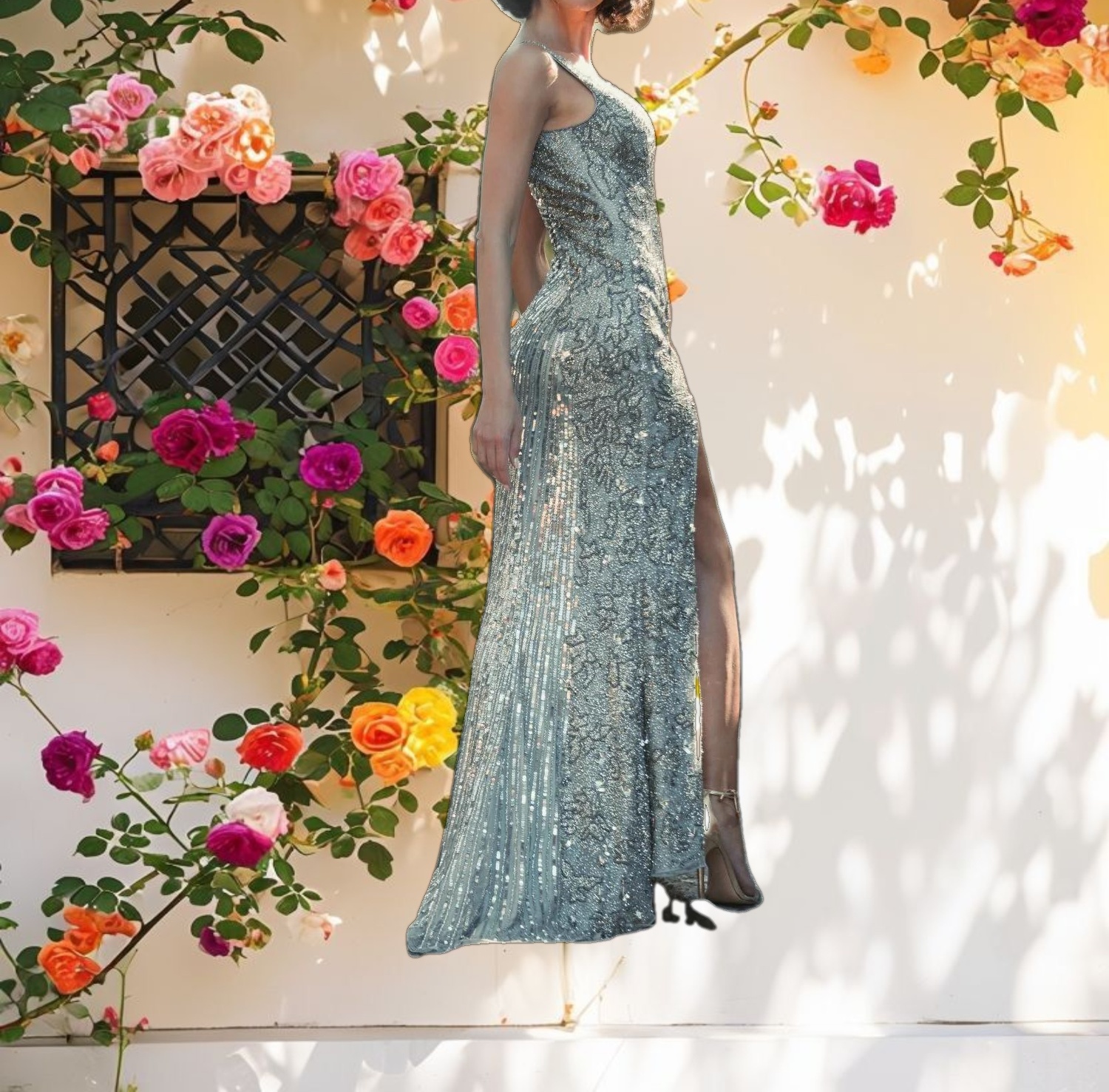 Silver Beaded Floral Sleeveless Gown