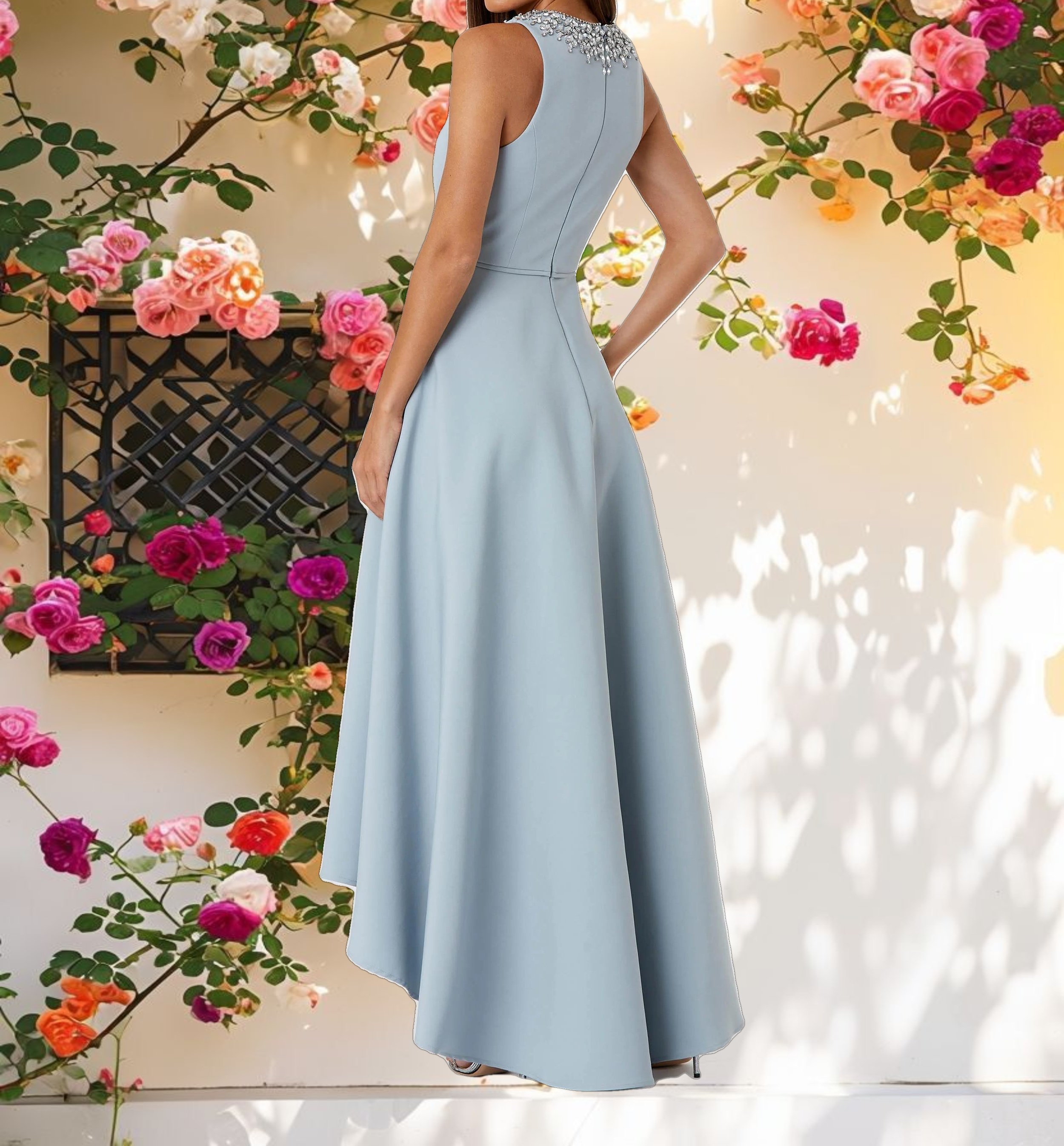 Blue Crepe Embellished Neck High Low Gown