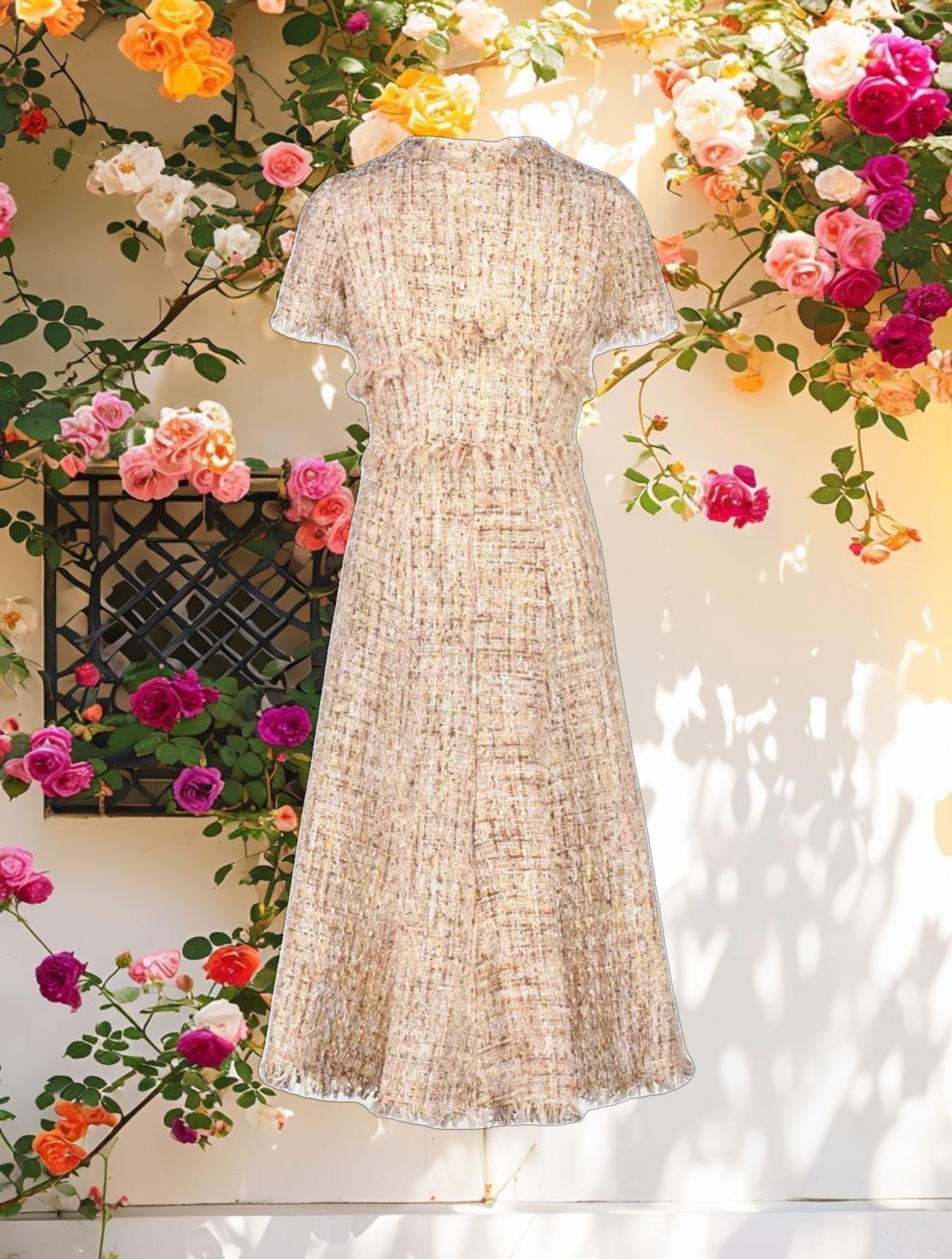 Beige Boucle Short Sleeve A Line Midi Dress