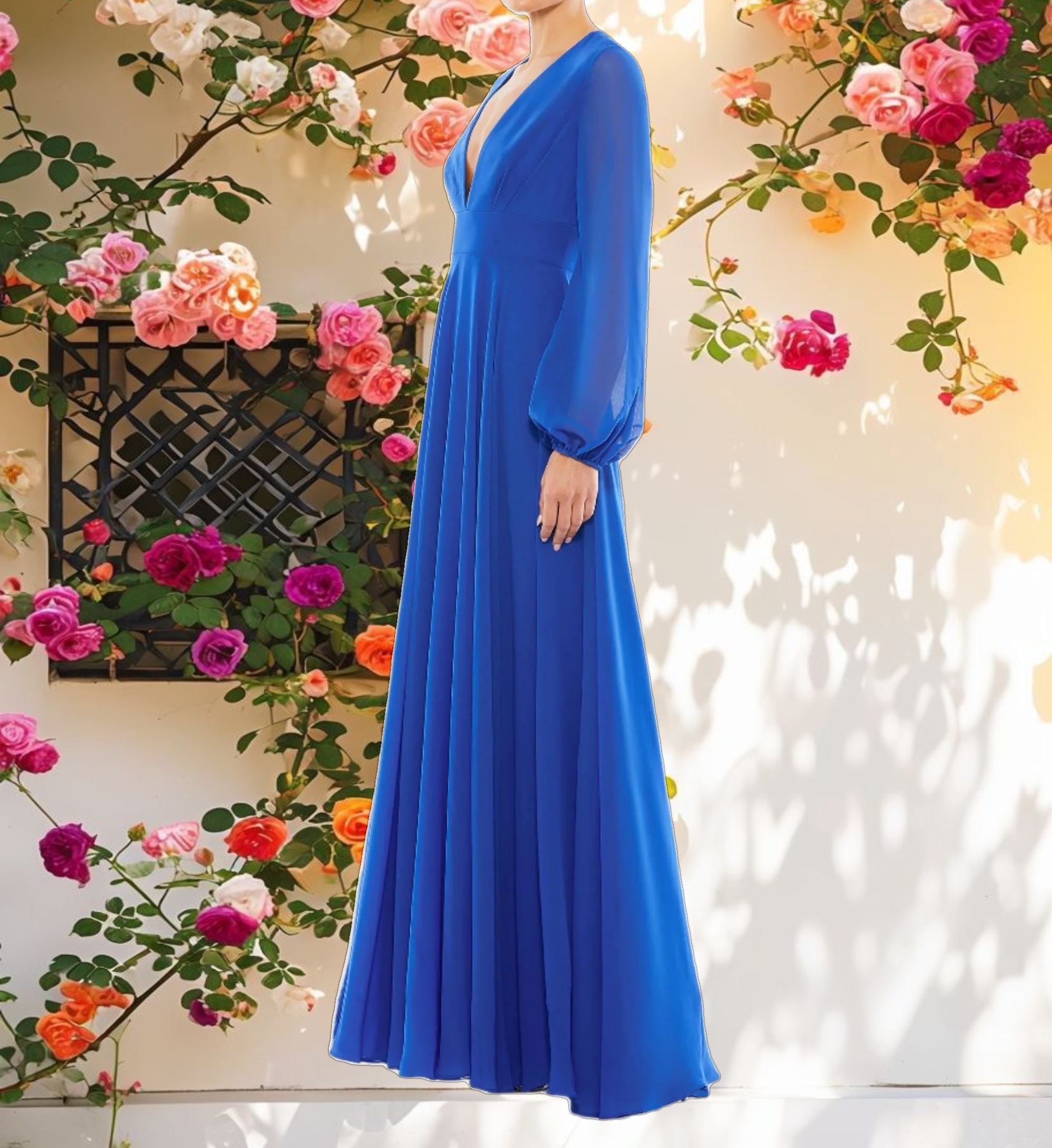 Blue V-Neck Illusion Long Sleeve Chiffon Gown