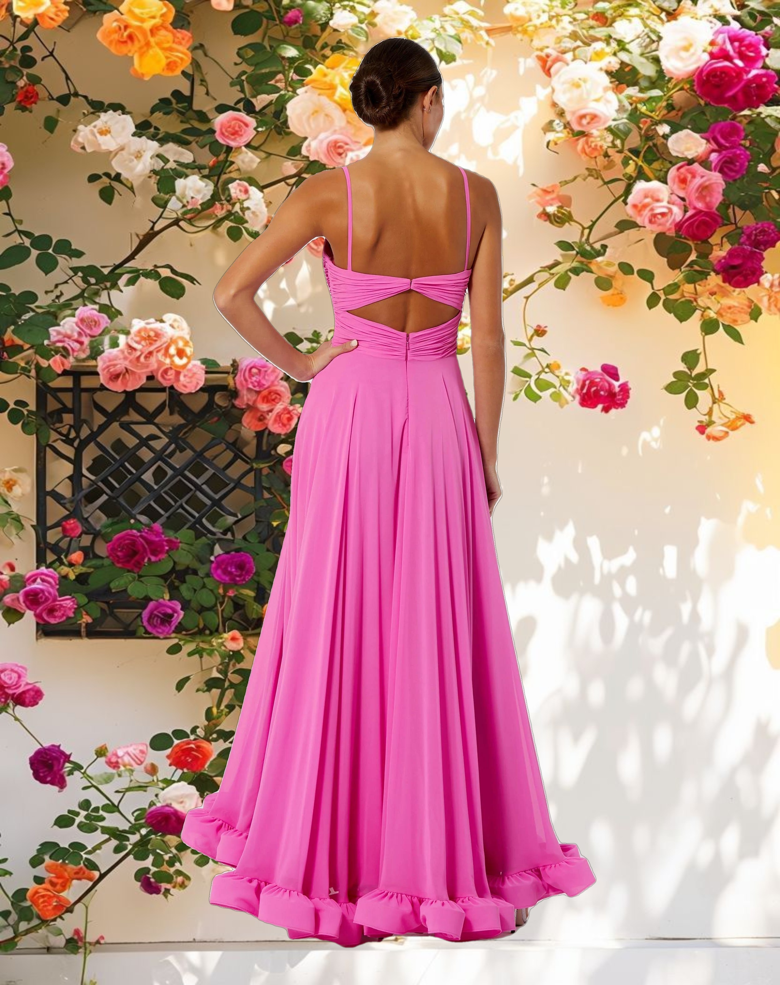 Pink Spaghetti Strap Chiffon Sweetheart Gown
