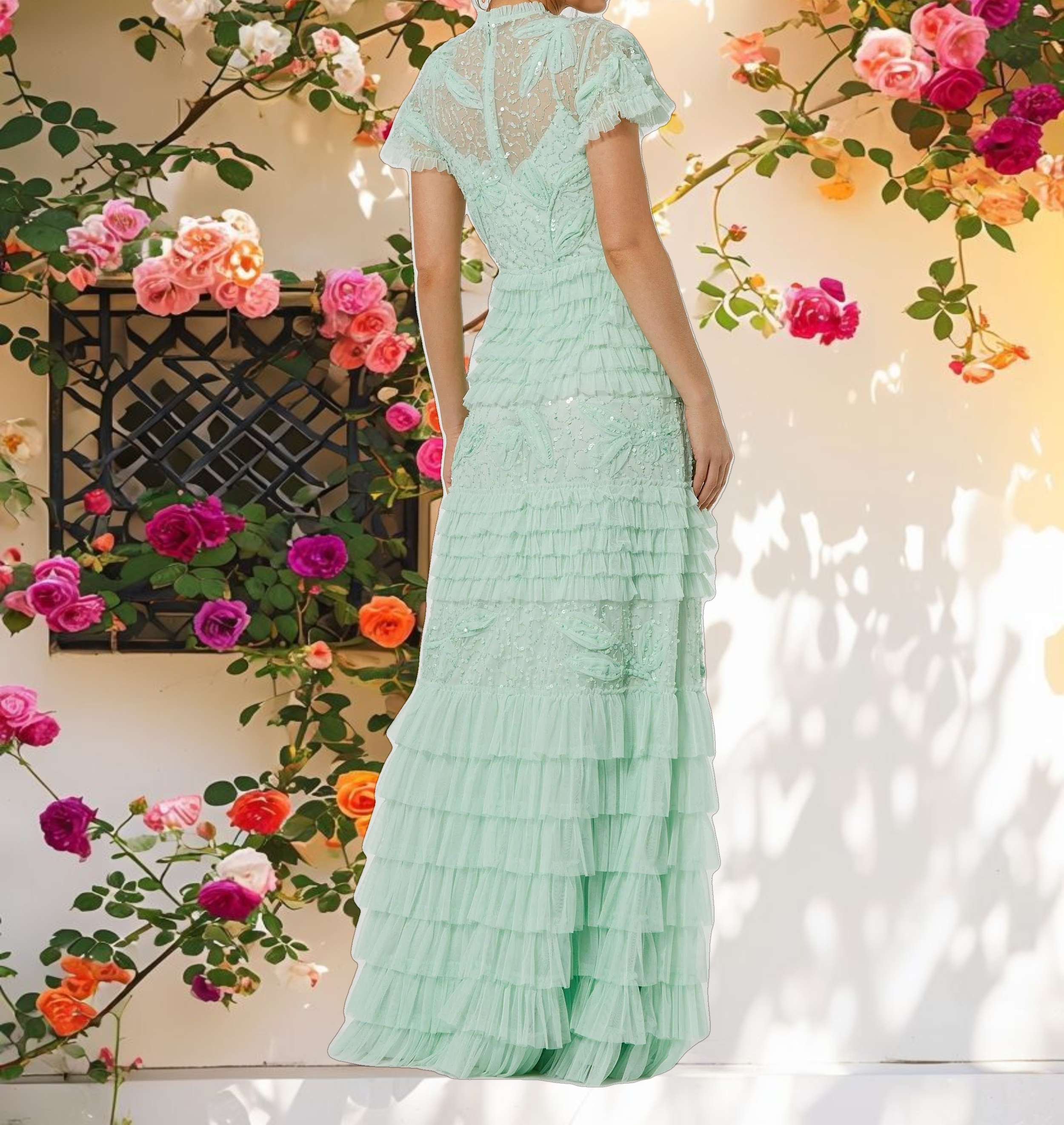 Green Beaded Mesh High Neck Micro Ruffle Gown
